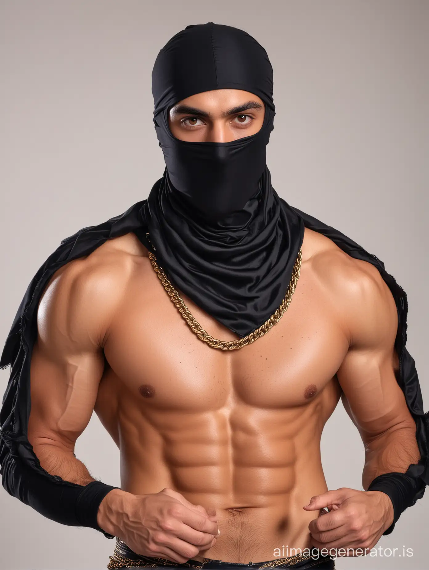 shirtless algerian fitness guy wear modern black silk balaclava show only his anger eyes , black patka bandana , brown arabian eyes , big hot chest , big hot nipples , anger eyes , tight patka turban , long black Compression Sleeve , black tight fitness pant , golden wheat chains , full body , 8k , white background