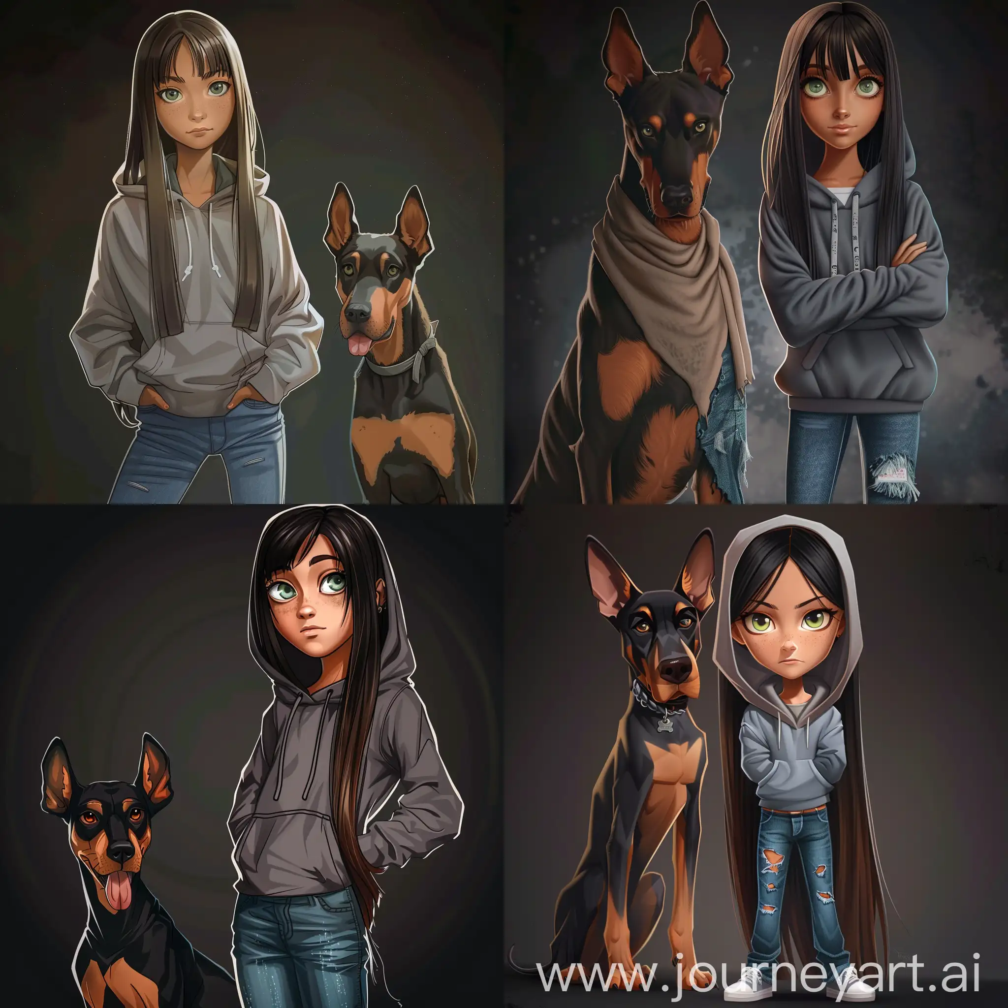 Beautiful girl, straight dark brown hair, gray-green eyes, white skin, teenager, 15 years old, dressed in jeans and an oversize hoodie, next to a doberman, high quality, high detail, dark background, cartoon art