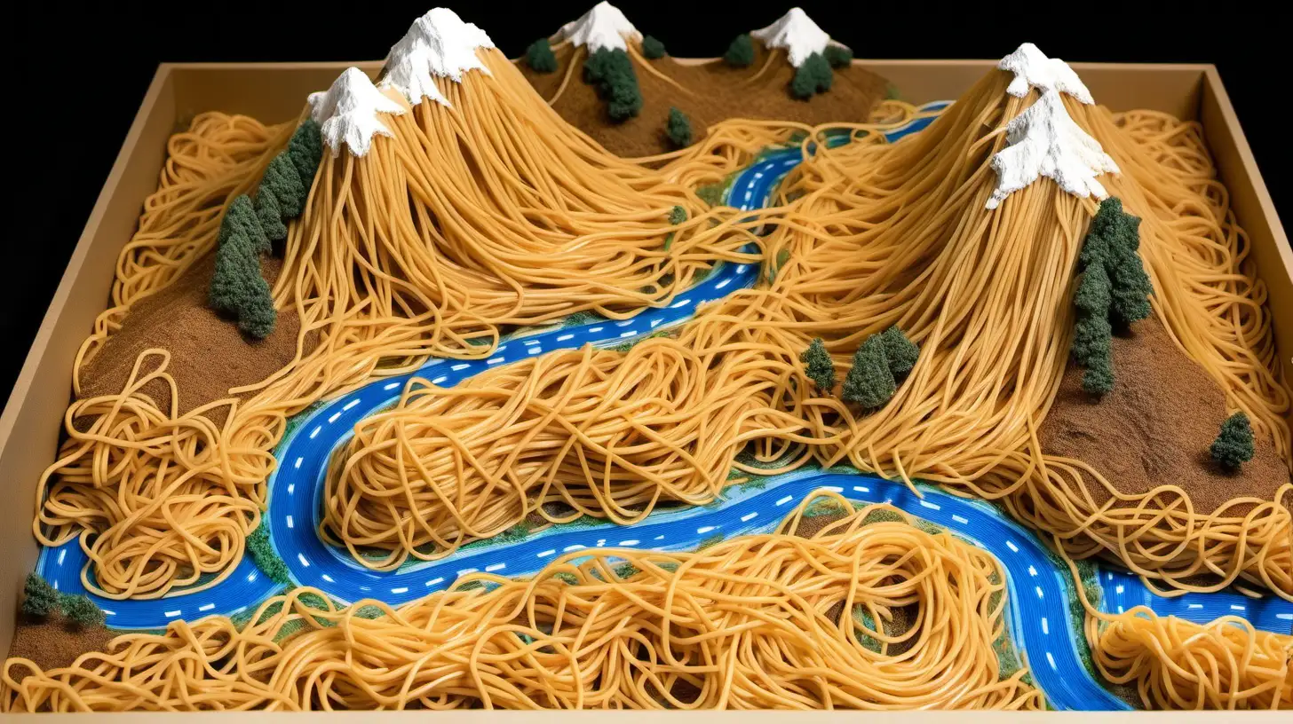 Spaghetti Geography Diorama Rivers Mountains and Roads Sculpted with Spaghetti