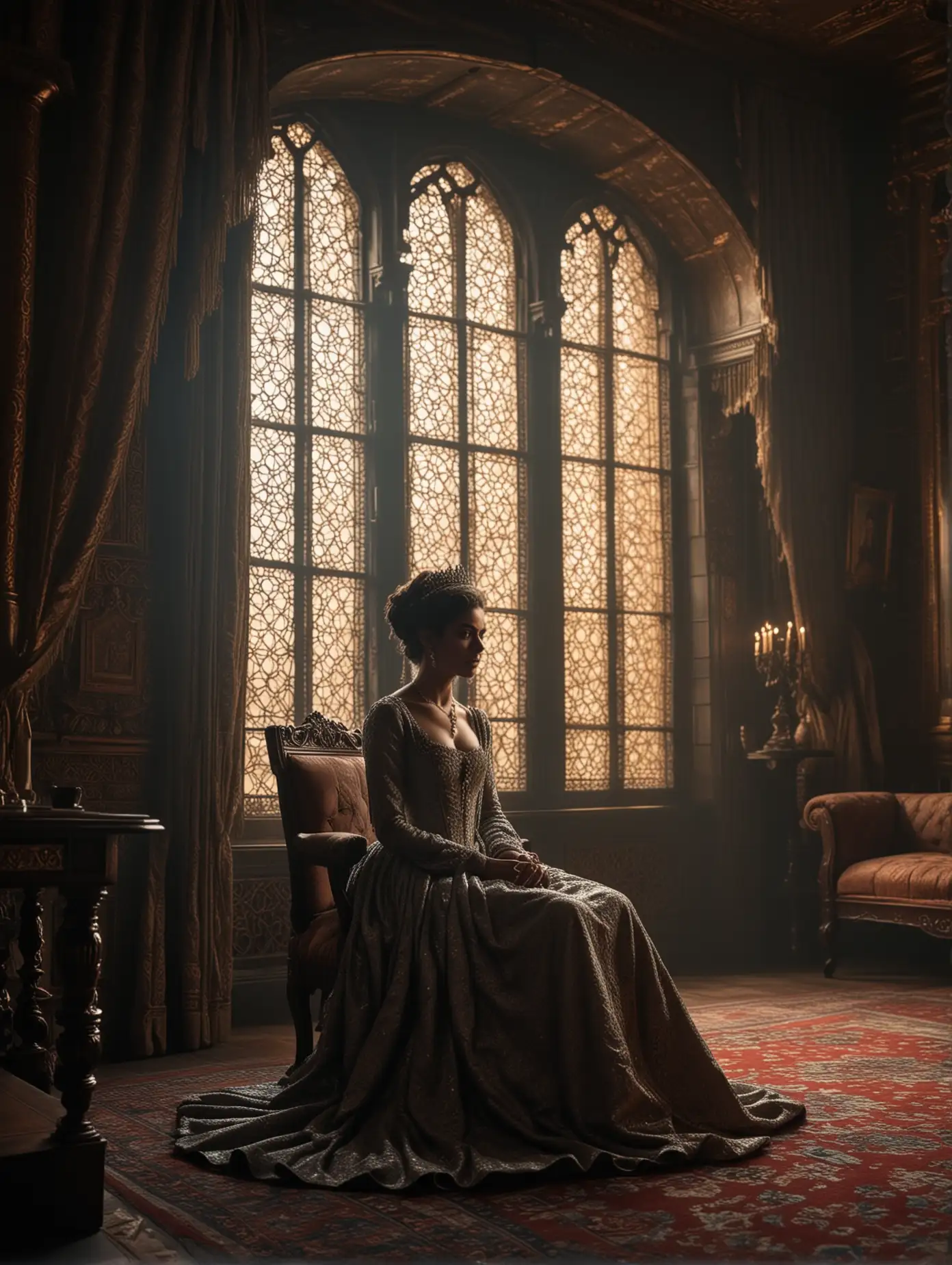 Queen Alicent Hightower brooding in a dimly lit royal bedroom, light gently glowing through latticed windows, dark dramatic lighting, plotting and scheming to seize power,

highly detailed, random details, imperfection, detailed colours hues tones patterns,