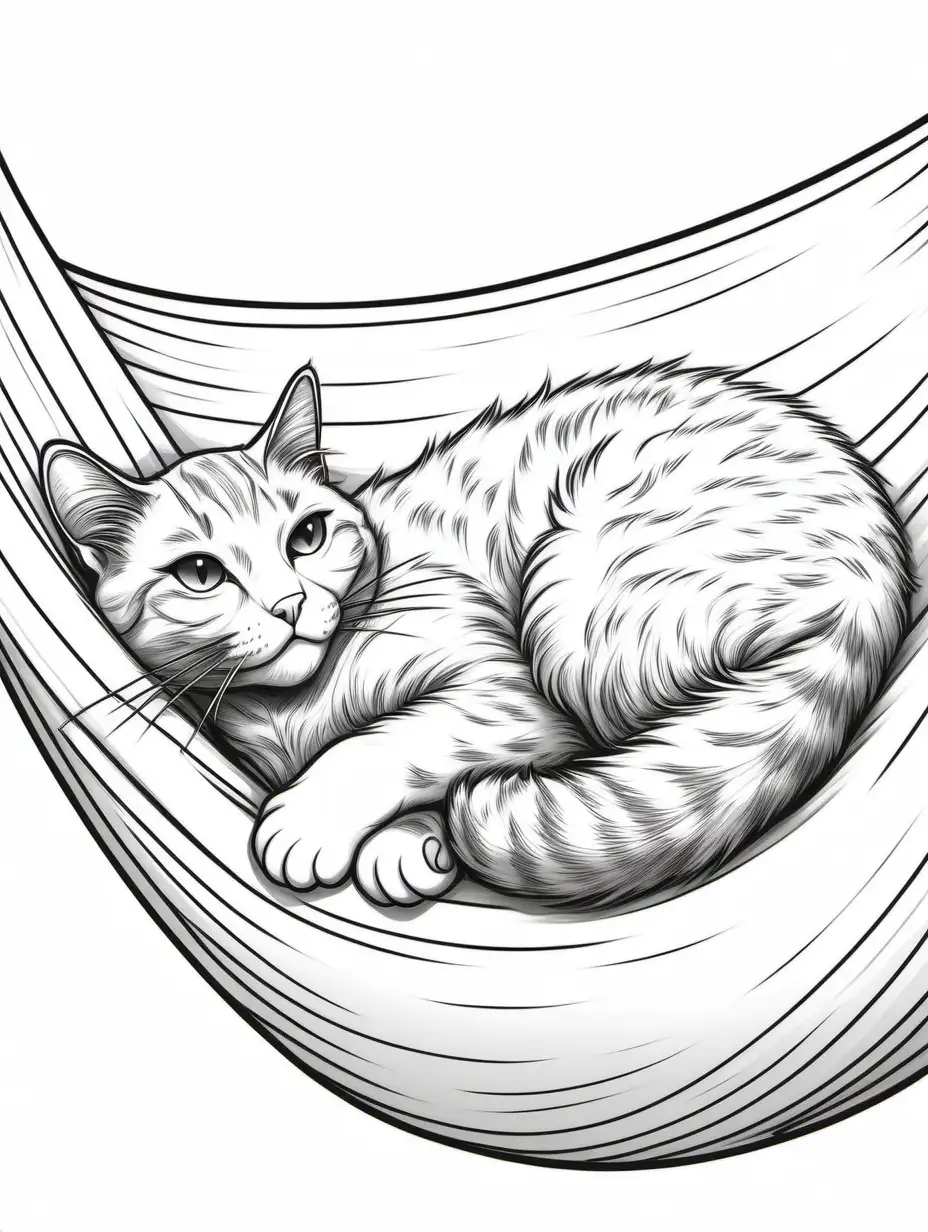 create a colouring page,  lazy cat, lounging,  paws in the air, low detail, thick lines, black and white, thick lines, white background 