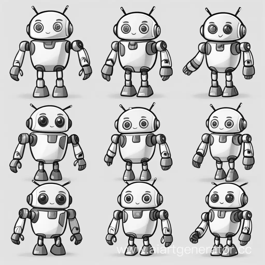 Draw a cartoon android robot in white and gray colors and in different poses and with different emotions