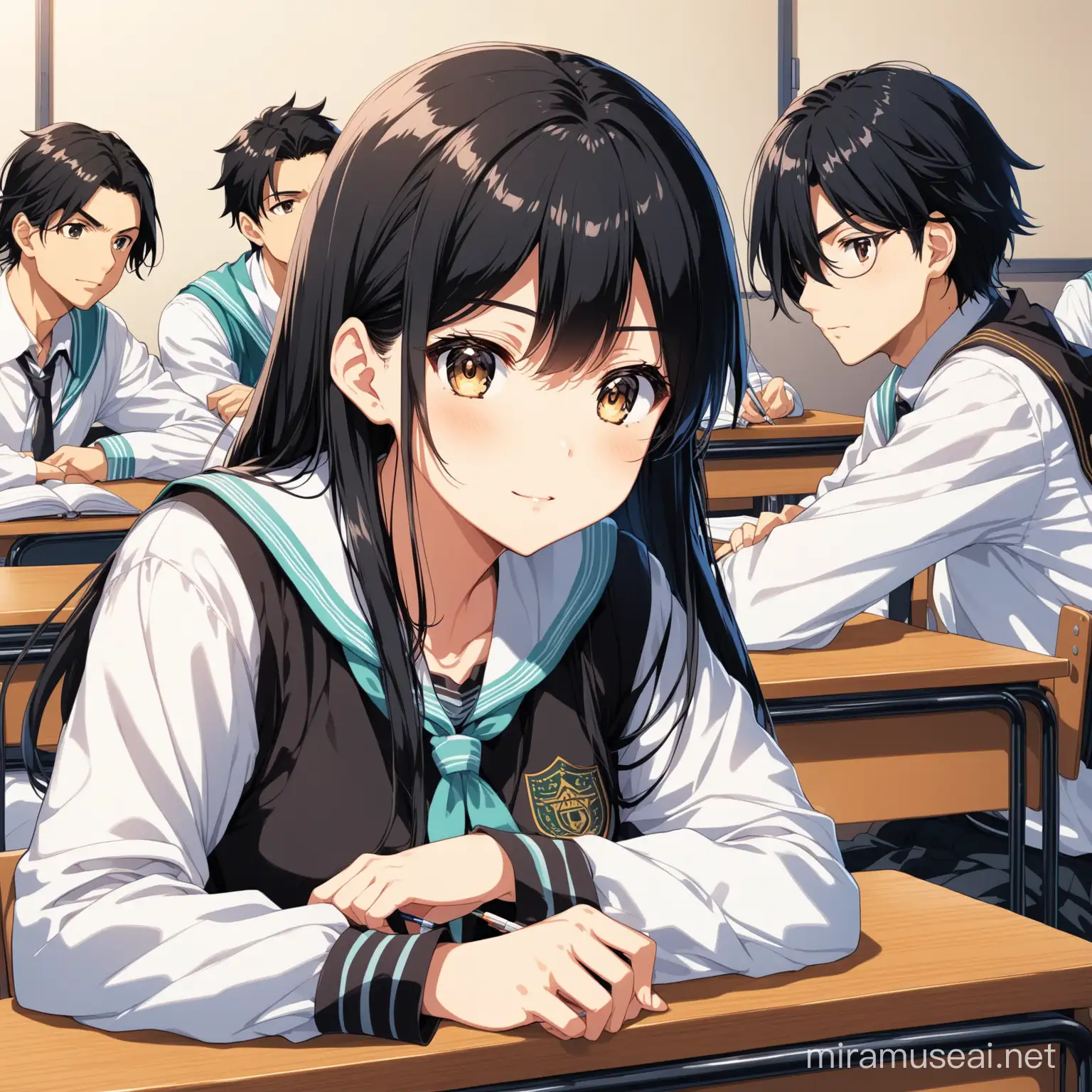 Anime College Black Haired Girl Studying with Male Students