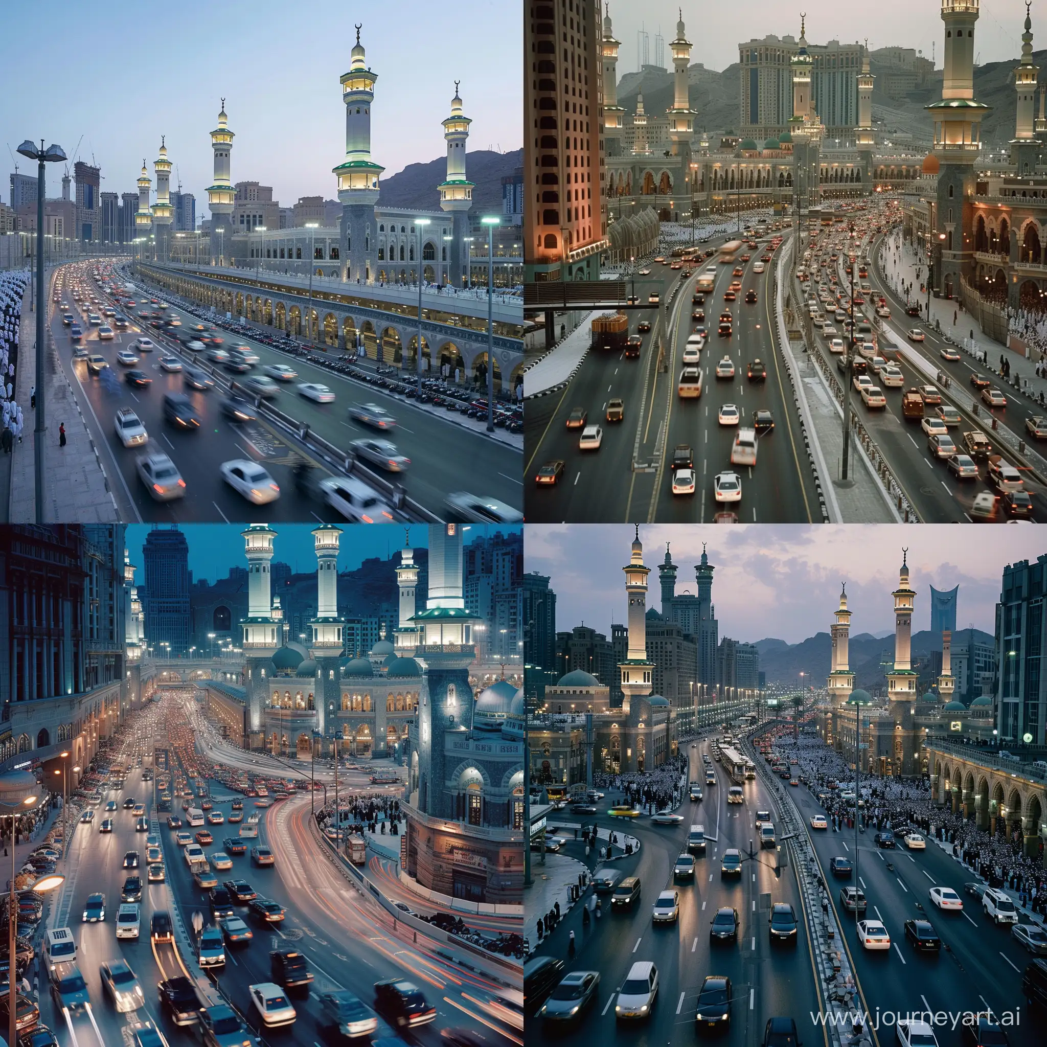 A street intersection with busy traffic, Full of many Mecca mosque architectures with mecca grand mosque exterior and mecca minarets 