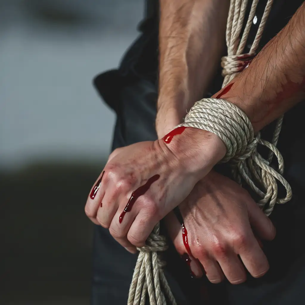 Bloody Hands Tied Behind Back