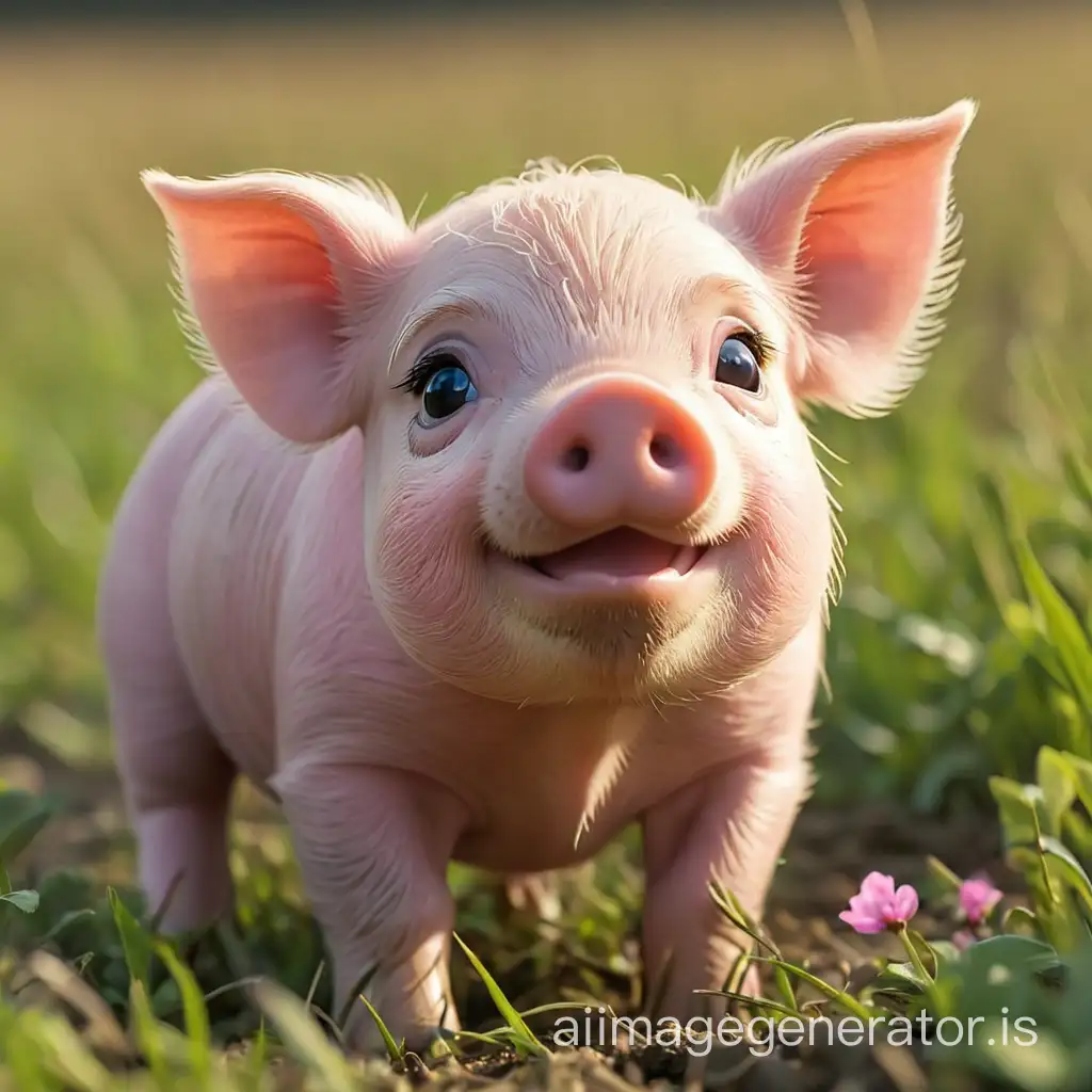 little pink piggy very cute in the field