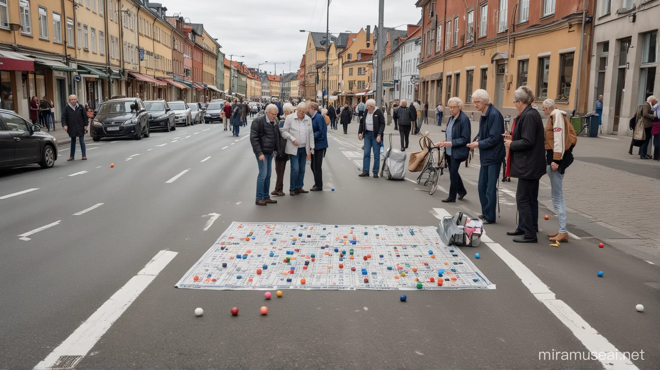 Seniors playing bingo in the middle of a street in Sweden, obstructing traffic.
