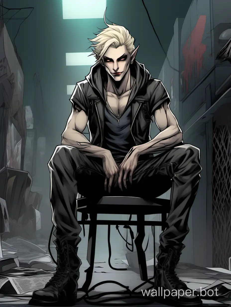 Tall, handsome, slender, androgynous, ash blond, vampire man, 30's, middle-parted hair down to his chin, elf-like, street clothes, sadist, menacing, pale jade eyes, pale skin, pale lips, pale hair, athletic build, masculine, technomancer, cocky smirk, hacker, stalker, low-light room, empty room, wearing headphones, sleeveless hoodie, long legs, combat boots, bloodied, fangs, intense, in a chair, graphic