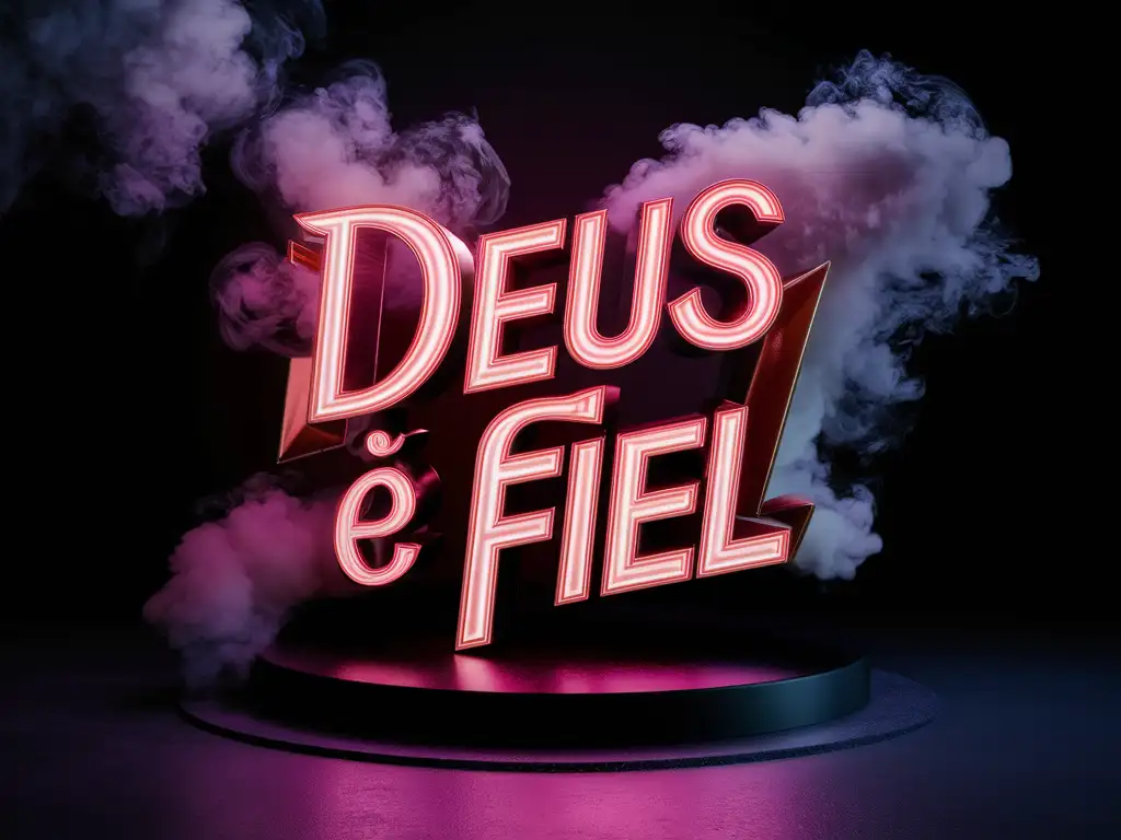 A stunning 3D conceptual rendering of a vibrant and nostalgic logo. The words "Deus é Fiel" are illuminated in bright, neon lights, appearing as if they are floating on a black background. The logo is set against a backdrop of swirling white smoke, giving it an air of mystery. The entire composition is reminiscent of a cinematic, stylish, and fashionable scene. The elements of the scene are rendered with vibrant colors and sharp details, creating a captivating and unforgettable visual experience., 3d render, conceptual art, photo, vibrant, cinematic