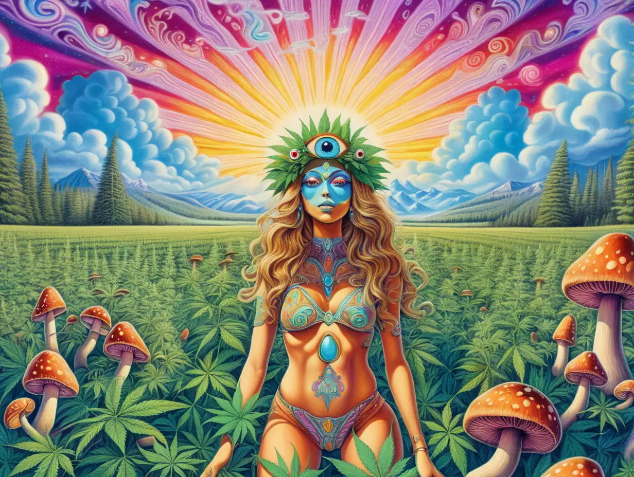 Psychedelic colors and patterns, a field of cannabis, flowers & magic mushrooms, sun, clouds, bright, vibrant colors with an exotic woman with the all seeing third eye up front 
