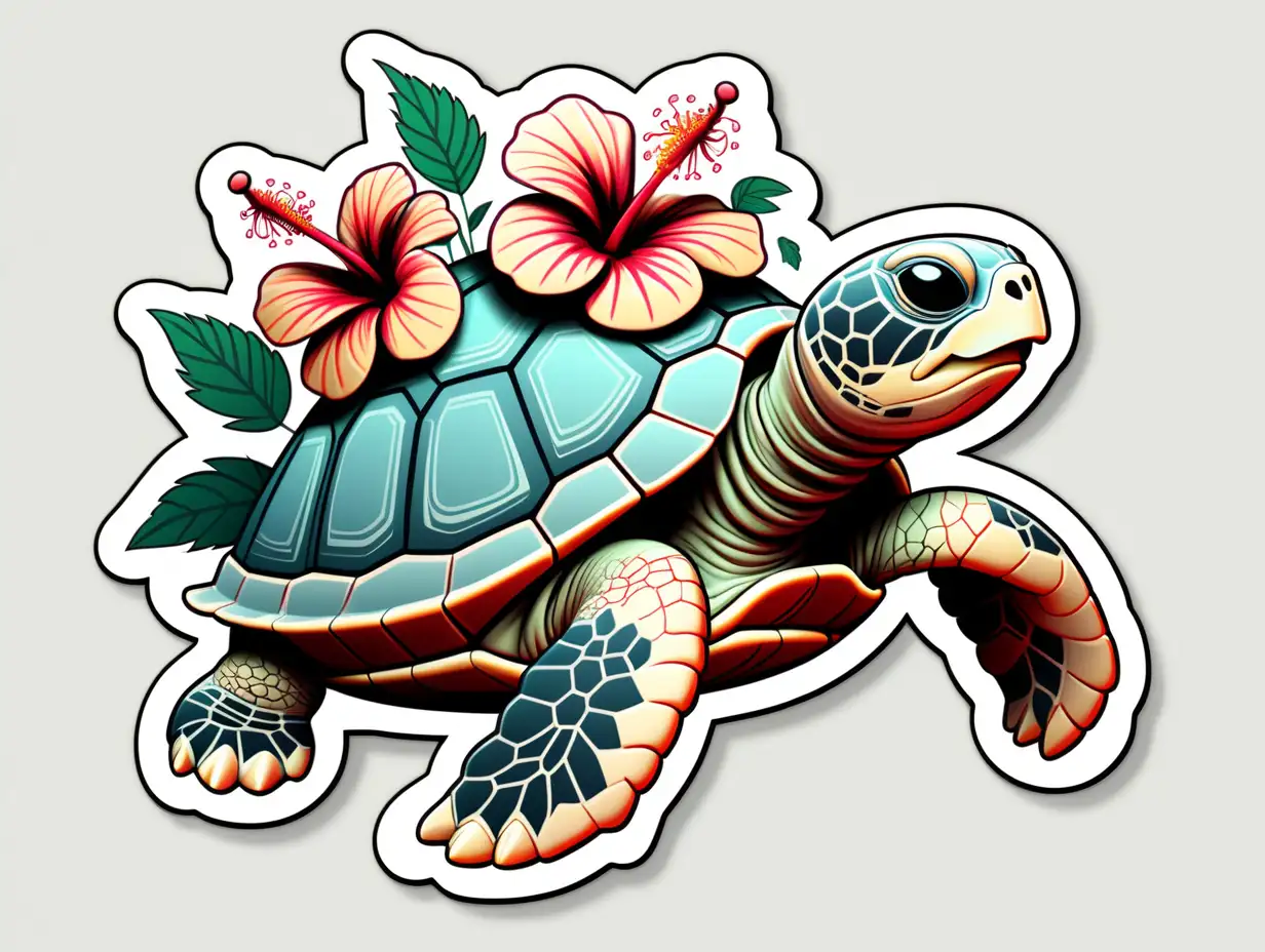 /imagine prompt:Hibiscus Flower Turtle Sticker, Sticker, Enthusiastic, Cool Colors, Algorithmic art, Contour, Vector, White Background, Detailed
