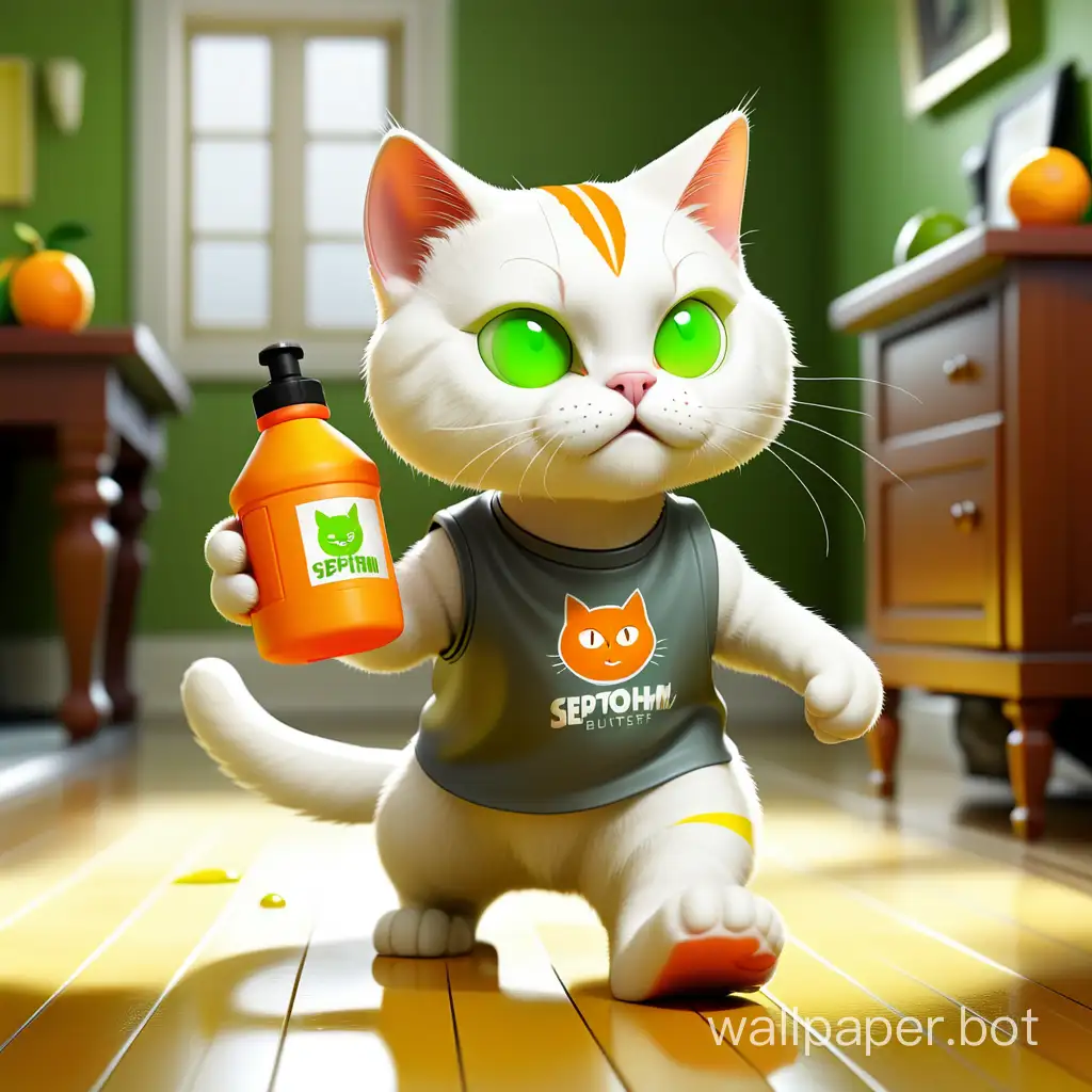 White Cat, wearing Septohim clothing, with the Trash Buster logo on the chest, an orange fruit, walks through a beautiful room, leaving a shine on the floor behind, holding a green spray bottle with a yellow trigger.