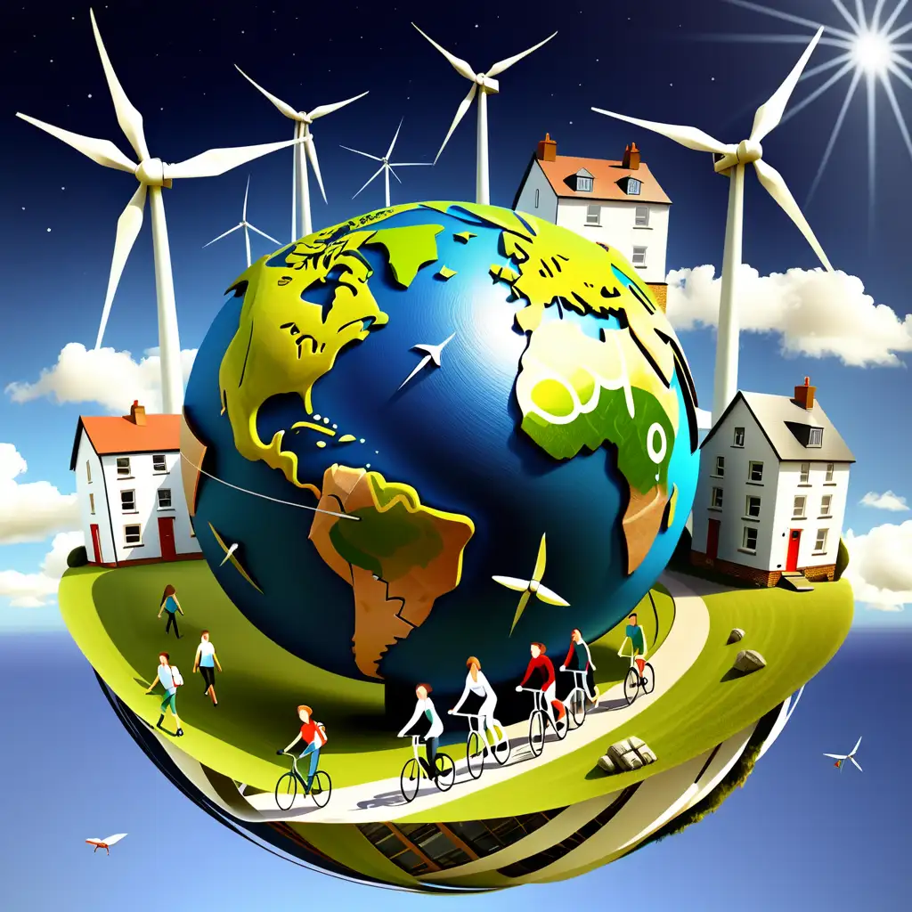 Image of sustainable globe planet, in space, with the country Wales prominent, young people walking and cycling around planet, wind turbine, glider, houses