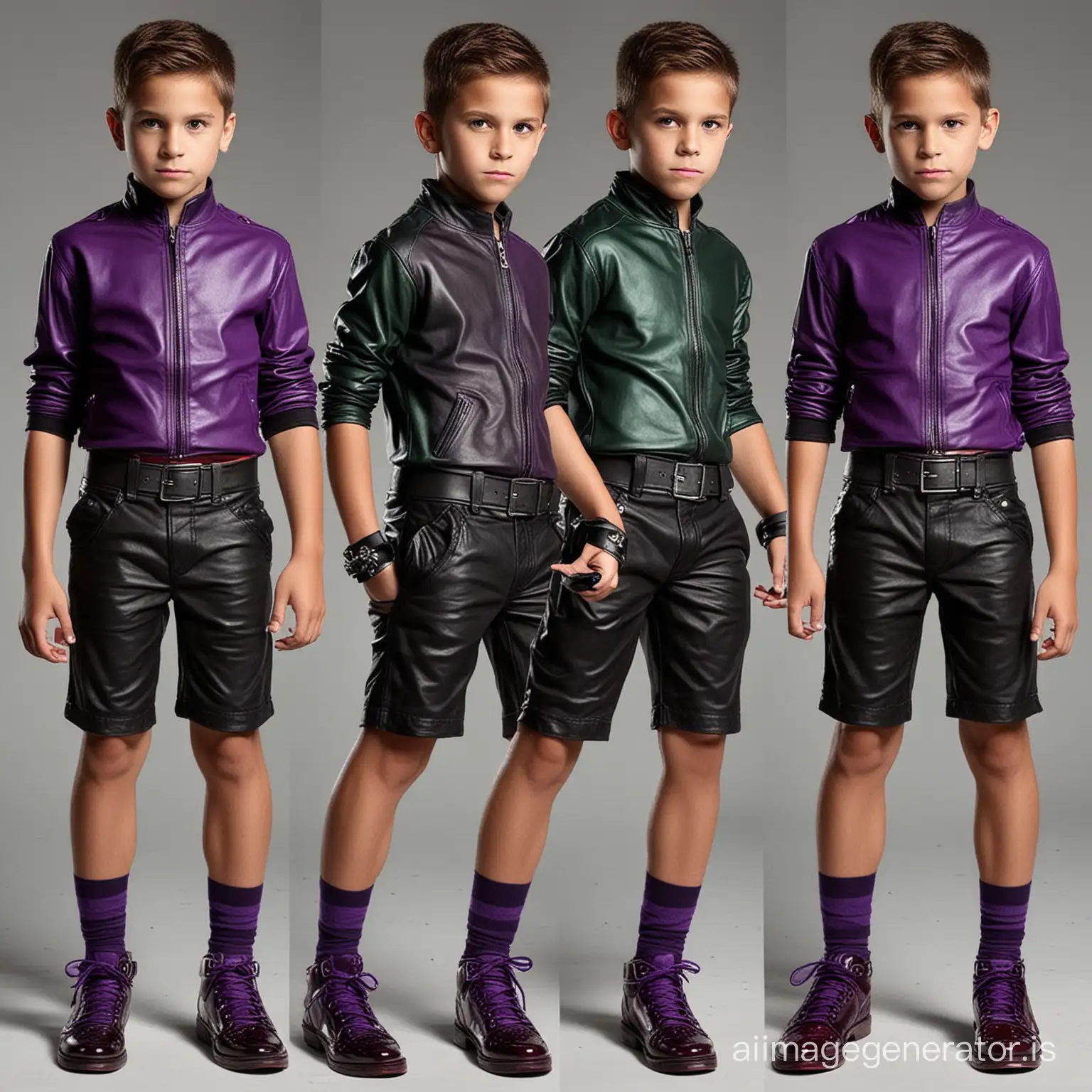 Create a villain outfit for a strong 8 year old boy villain with abs, cool, wicked, leather, shorts, comfortable yet intimidating, various shades of purple with hints of both green and red, both red and green should be included in every outfit but purple should be the main color, the shoes should also be coloured and match the outfit