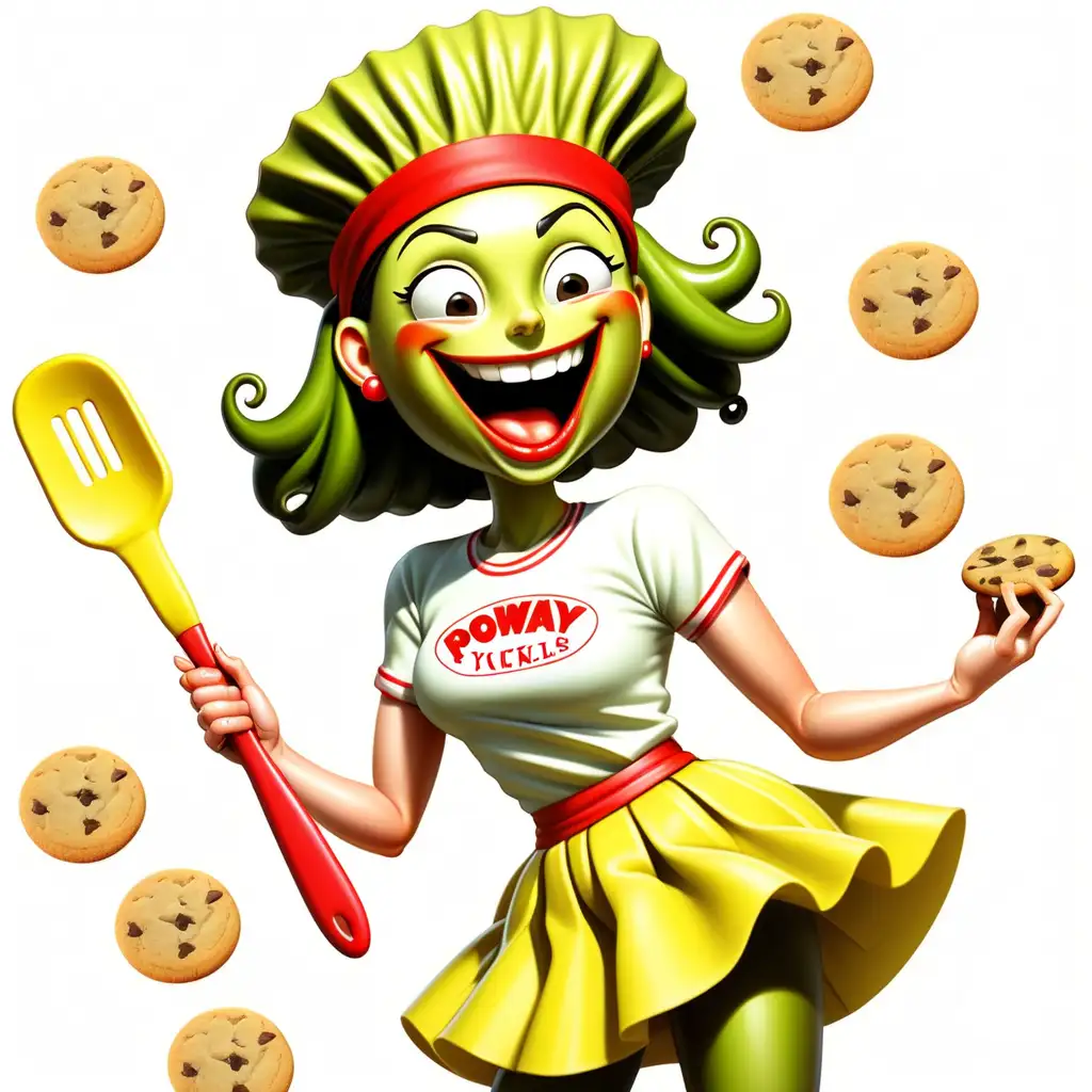 In Logo form, the words “POWAY PICKLES” surrounding a female pickle wearing a yellow skirt. The pickle is holding a red spatula in the right hand and a cookie in the left hand. The pickle is also wearing a white head band with a happy facial expression.