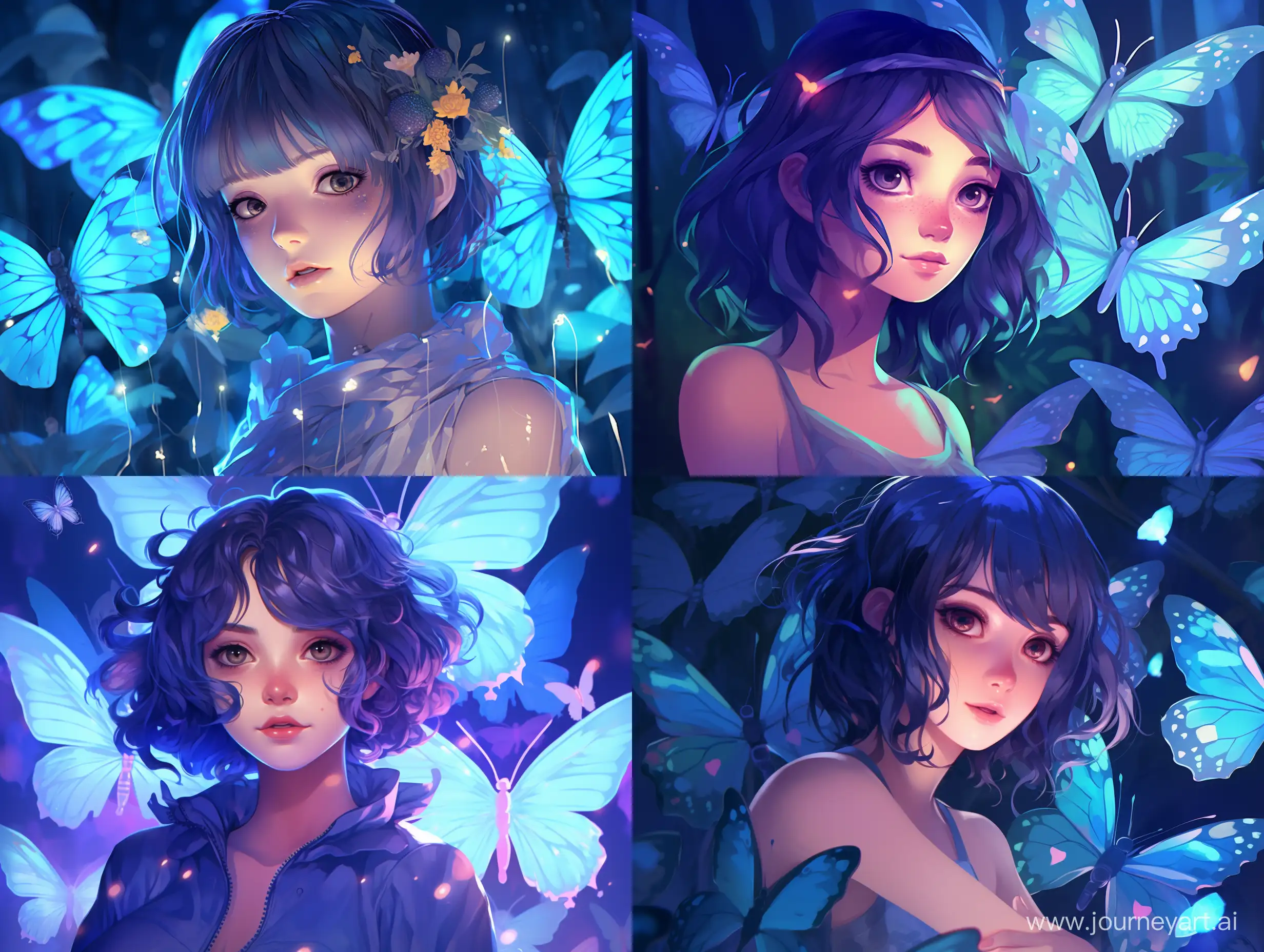 Close-up digital illustration, Anime style, (Blue pixie:1.3) with (Glowing neon blue butterflies:1.2), Ethereal beauty, Sparkling azure eyes, Playful expression, (Vibrant indigo hair:1.3), Delicate wings, (Enchanting ambiance:1.2), (Magical forest:1.2), Soft glow, Captured with a digital drawing pad and artistic software