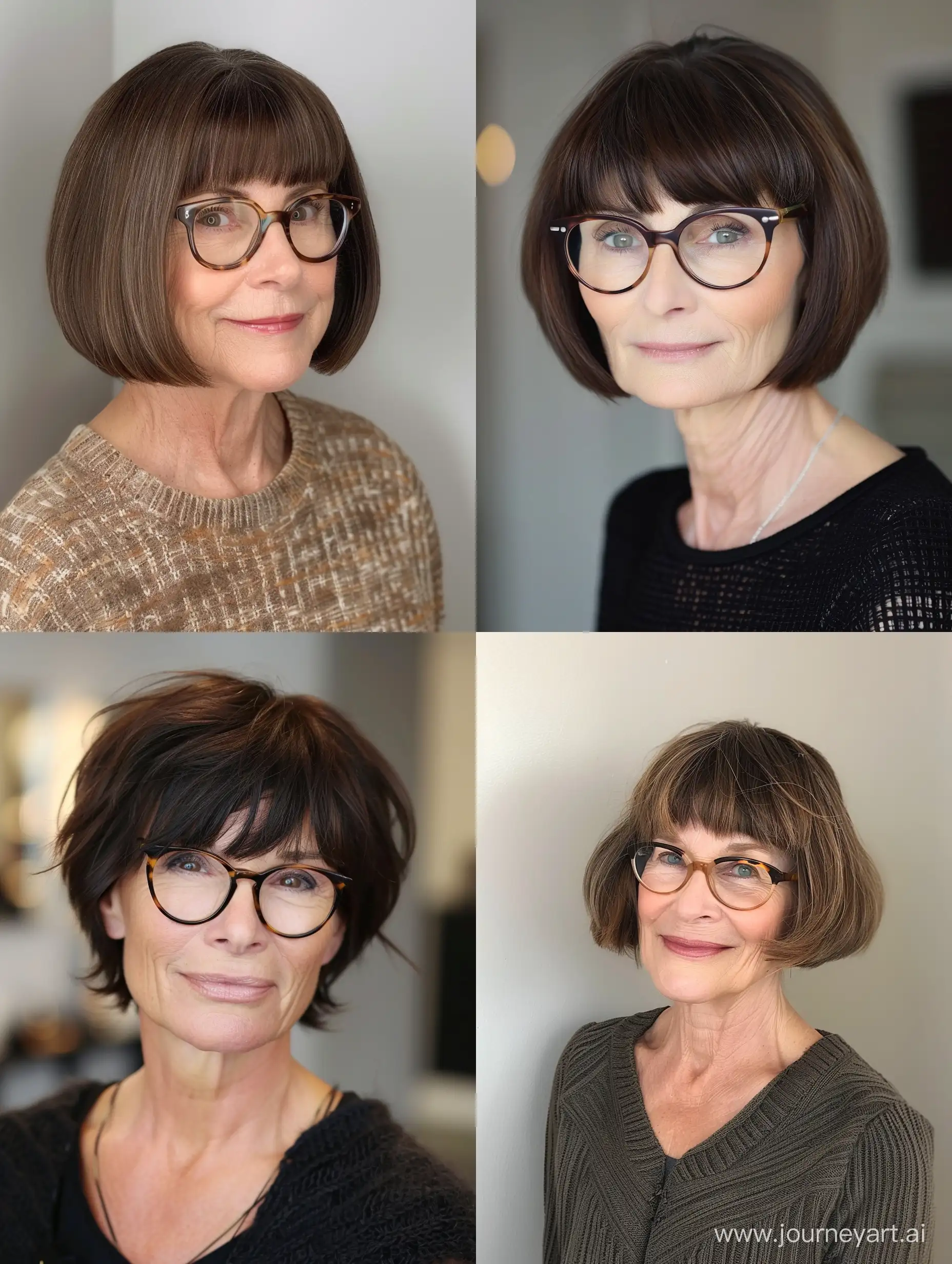 short bob hairstyles with bangs over 50 glasses older women brunette