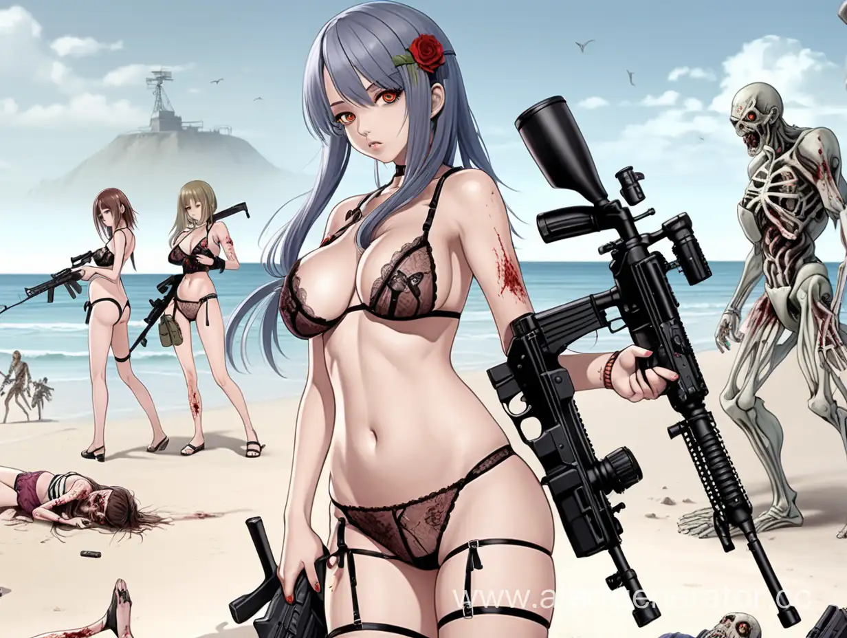 Аниме стиль, в нижнем белье, со средней грудью, девушка, на пляже, снайперка в правой руке, зомби вокруг.