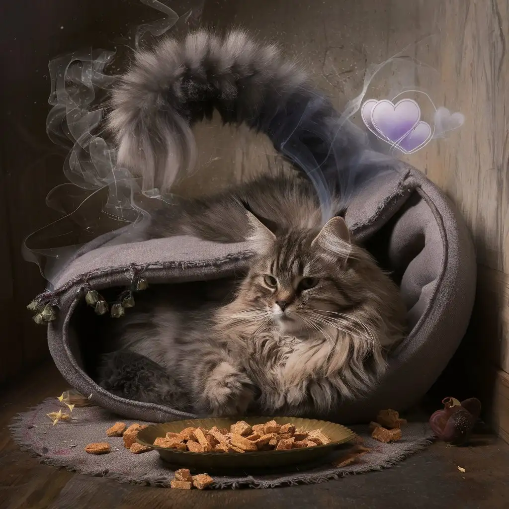 Majestic Maine Coon Cat Relaxing Next to Tray of Treats