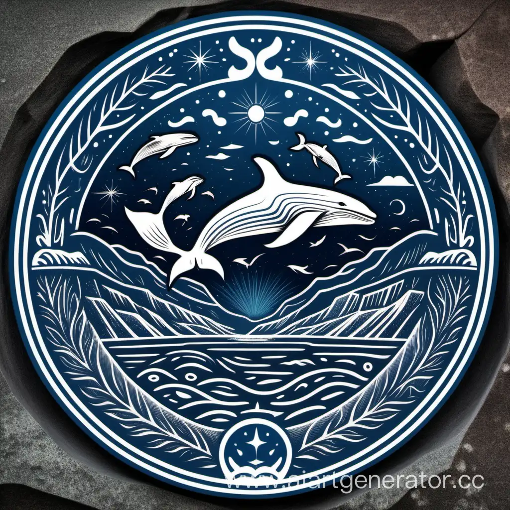 Эмблема Мурманской области, на которой отображена полярная ночь, киты и петроглифы региона