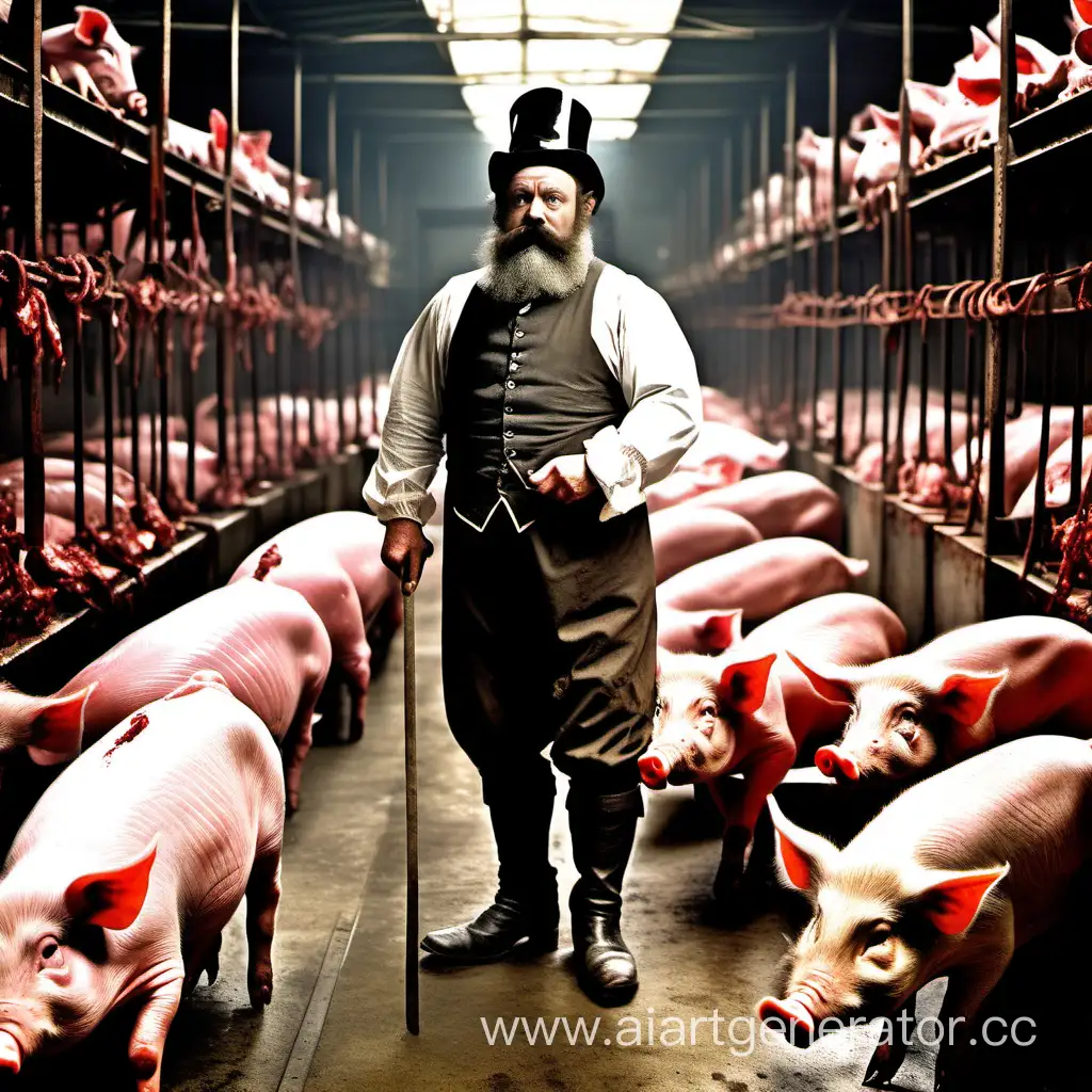 Dwarf with black beard, moustaches and sideburns, wealthy 1900 bissnesmen, owner of the butchery walks through pigs slaughterhouse