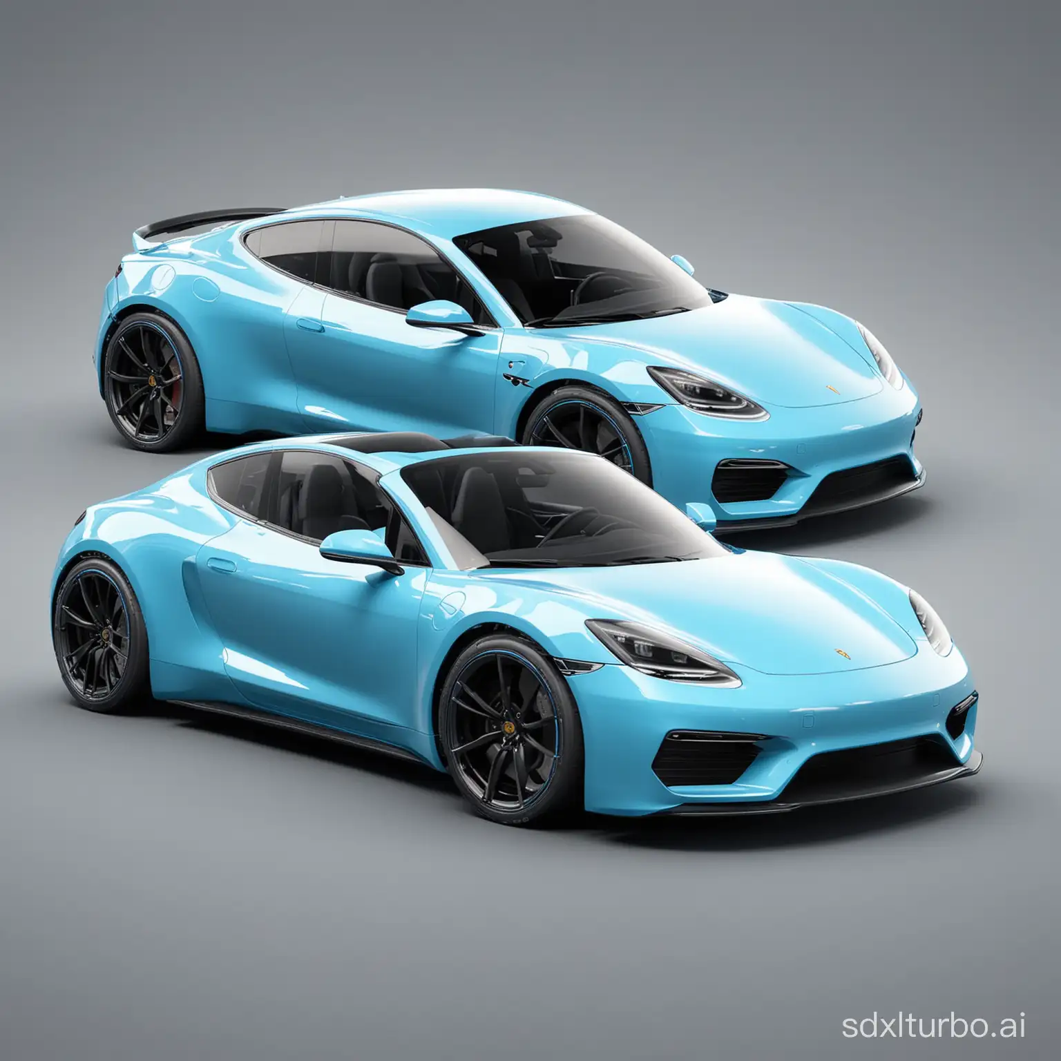 A high detailed 3D render of electric sport car Similar to Tesla model 3 and Porsche Cayman. Color fades from white to blue. With Square wheels.