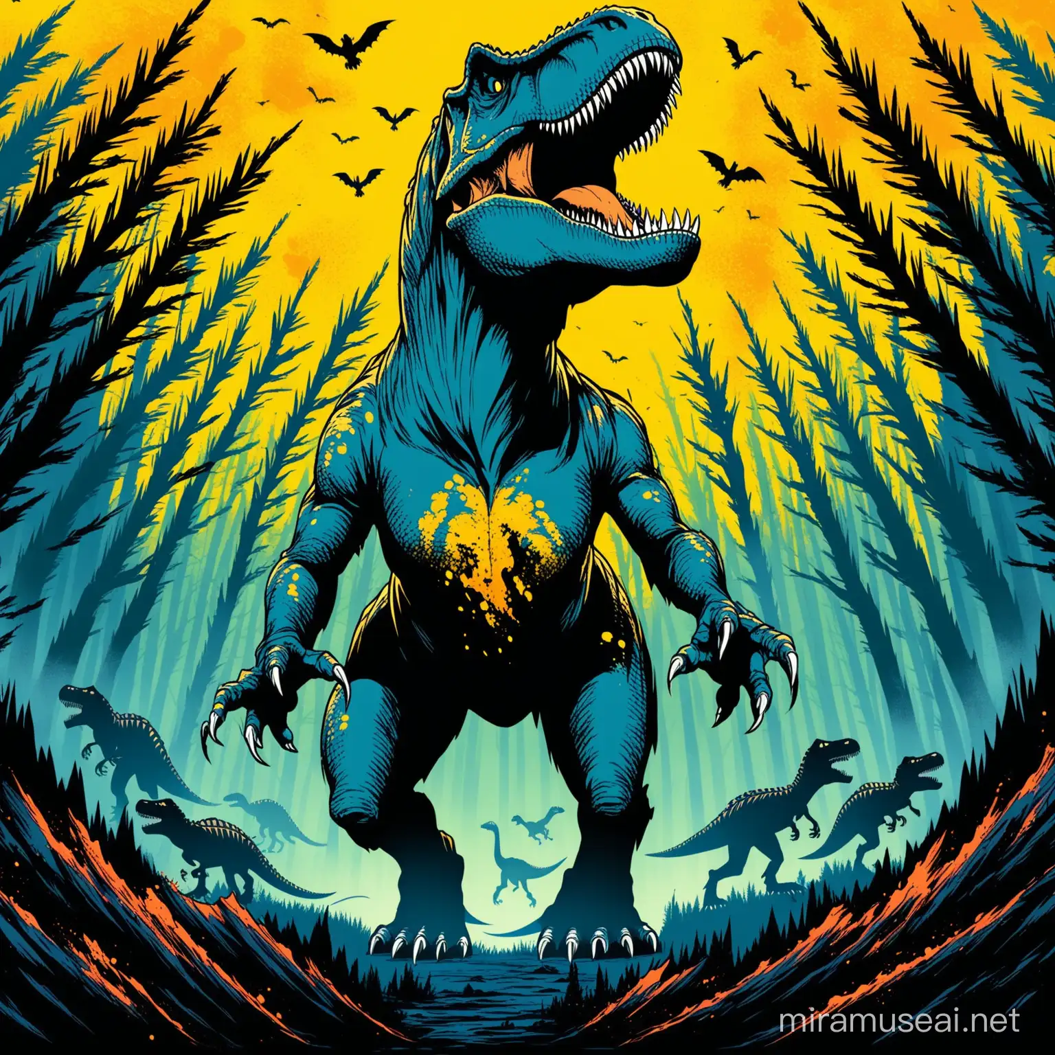 T-rex with hand-print over body
appreance-full body/ scary/ roaring/ yellow and blue hand-print
background- volcano-noir/ forest/ dead animals