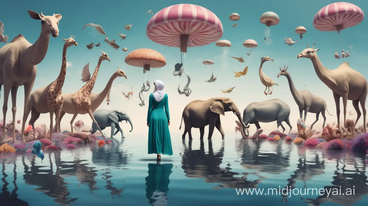 hijabi woman walking on water in large wonder land surrounded by surreal animals
