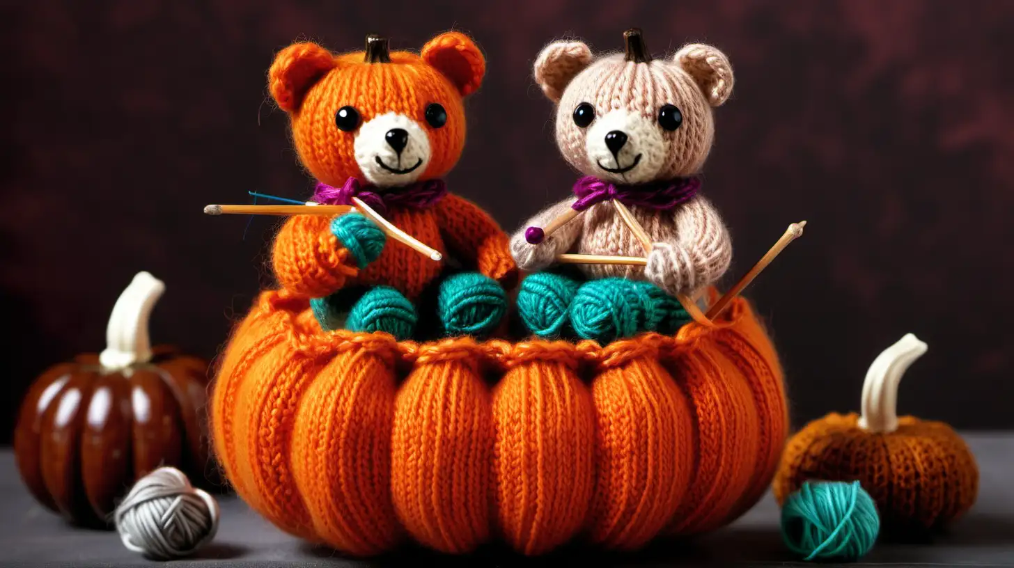 Two bears sitting in a pumpkin knitting and crocheting