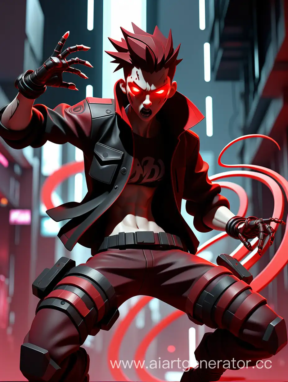 Madness Combat protagonist in dynamic action ::4 stylized combat choreography ::3 intense, high-contrast red and black color palette ::2 fluid motion, energetic poses ::2 detailed character design, cyberpunk aesthetic ::1 --s 250