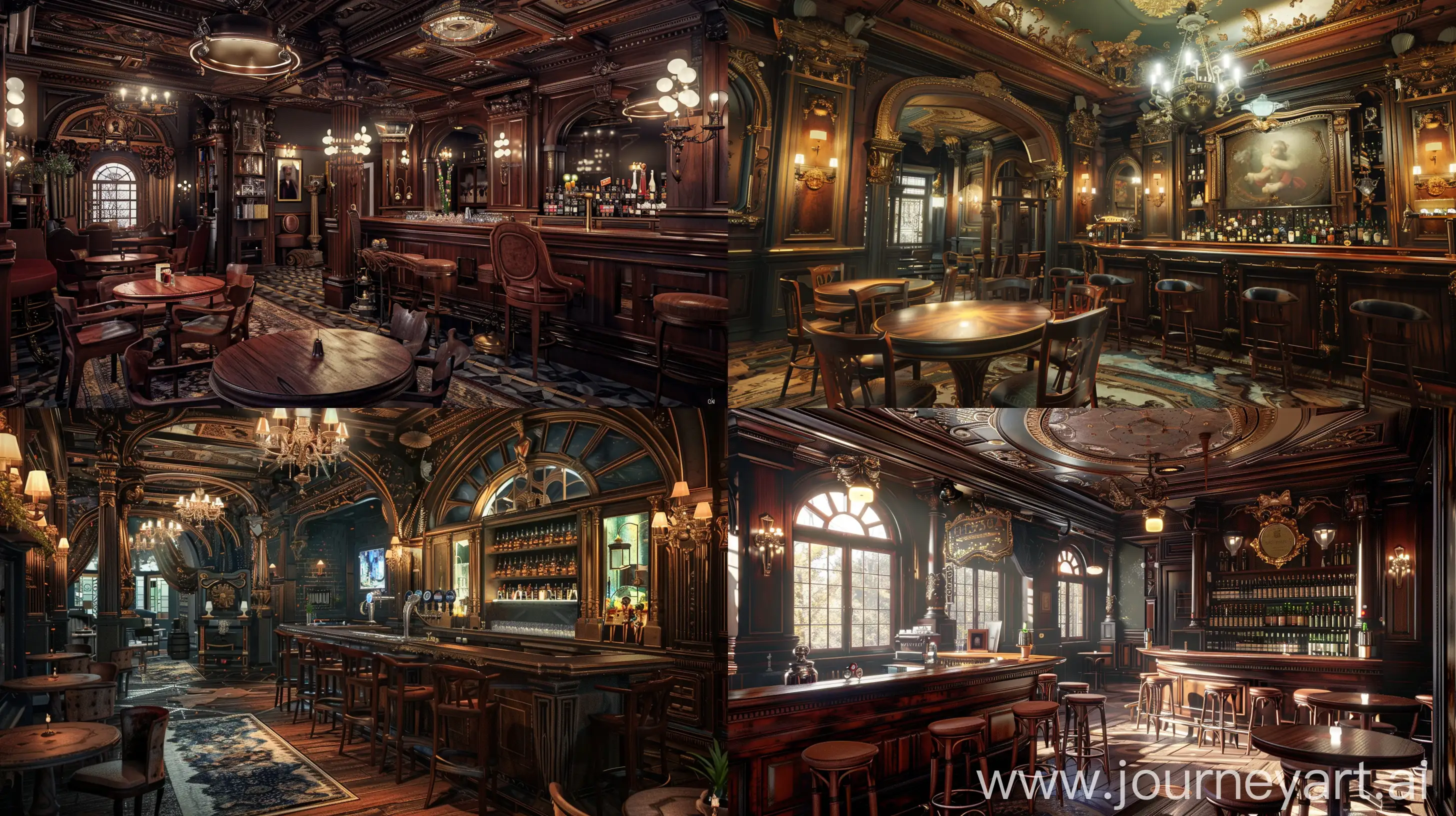 **A bar with elegantism, insane detail, painting masterpiece ,Extreme authentic decor , perfect exact rendering, Beaux-Arts, , wooden tables and chairs, majestic and great, greebles::2 --ar 16:9 --q 1