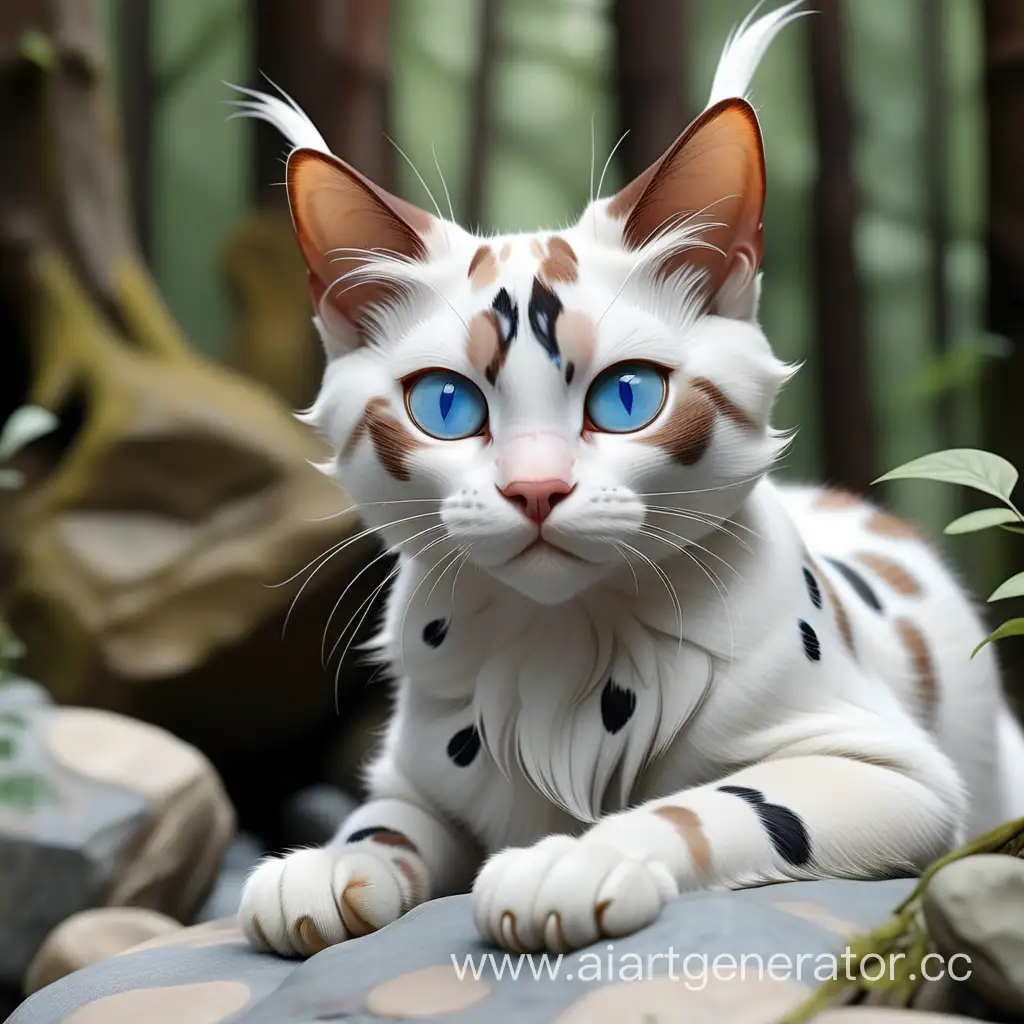 Elegant-Adult-White-Cat-with-Brown-Gray-and-Black-Spots-in-Forest-Setting