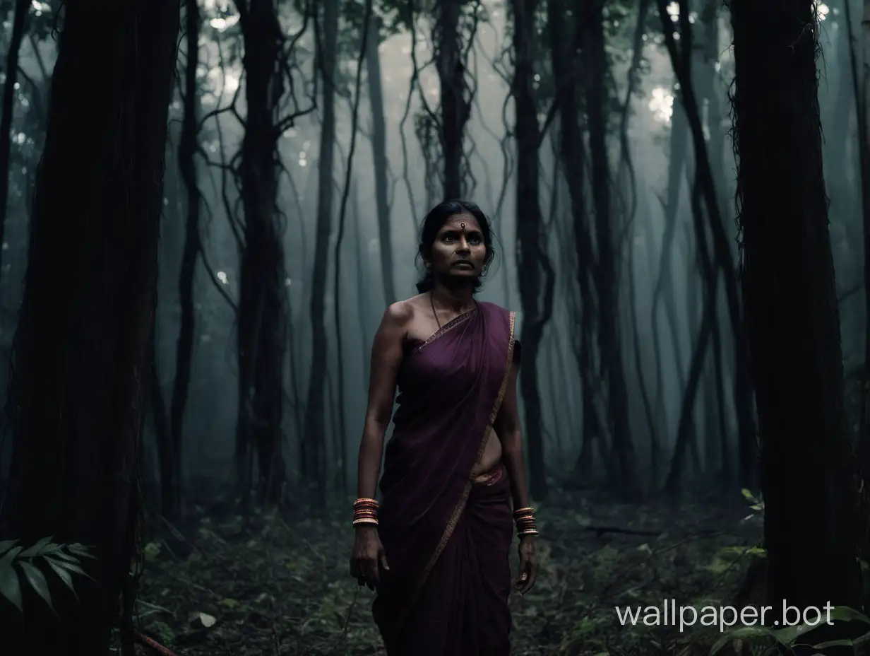 an Indian woman surviving in the middle of a dark, wild forest with tall trees