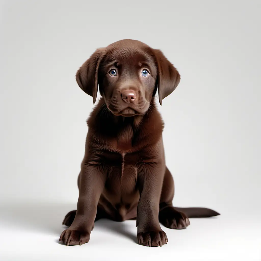 A photo realistic chocolate Labrador pup sitting down, white background, f6