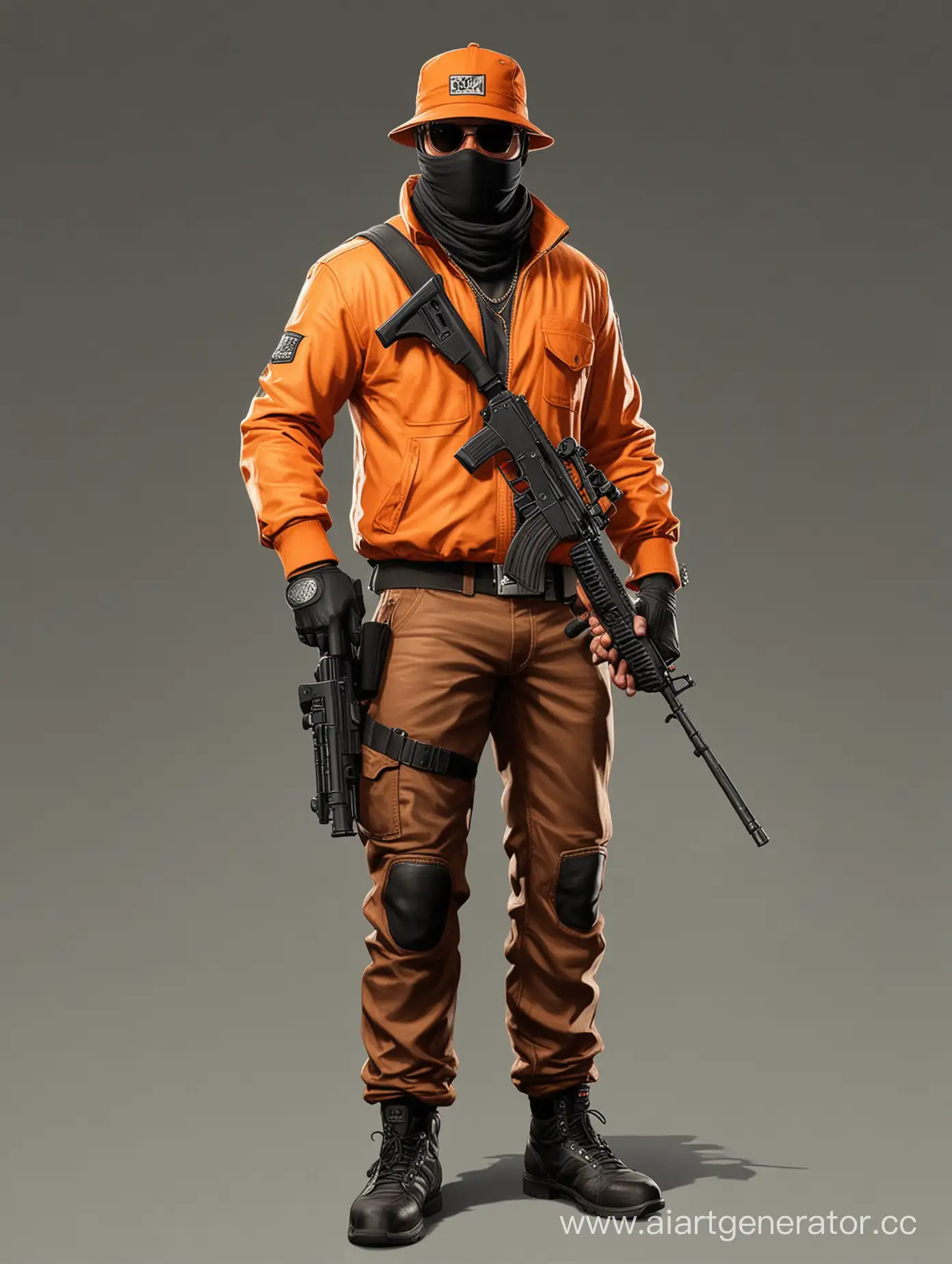 Нарисуй бандита в стиле гта 5 онлайн, в оранжевой одежде, в полный рост, с оружием в руке, больше деталей