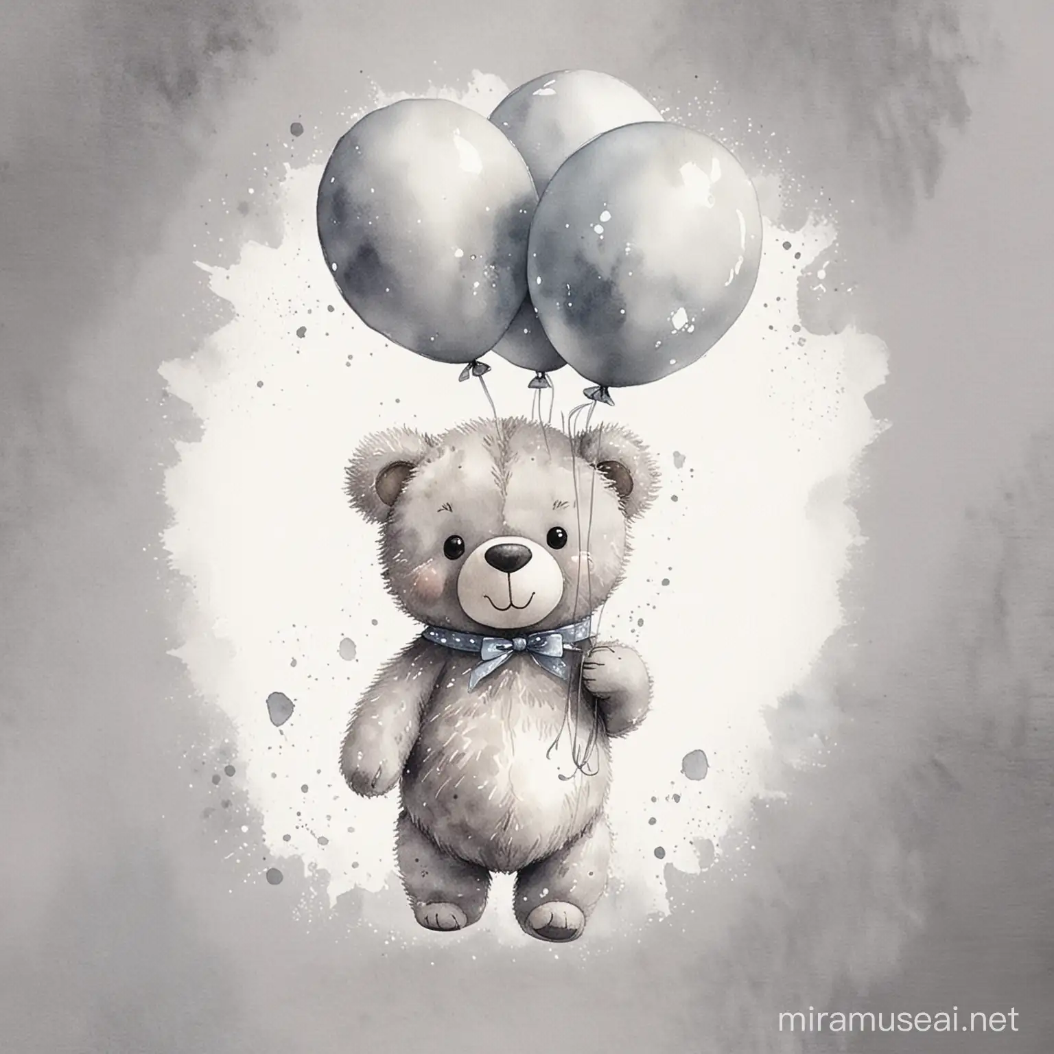 Watercolour cute grey teddy bear, carrying grey balloons
