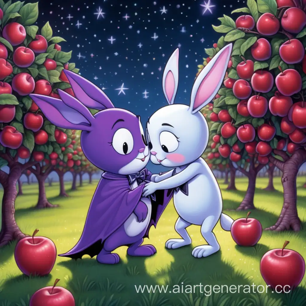 A purple anthropomorphic bat hugs a small anthropomorphic rabbit in an apple orchard at night with the stars twinkling brightly