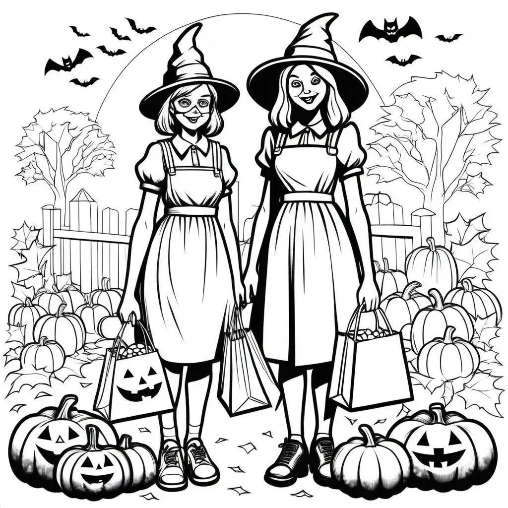 simple black and white coloring book drawing of two older teenagers in costumes with bags of Halloween candy and pumpkins