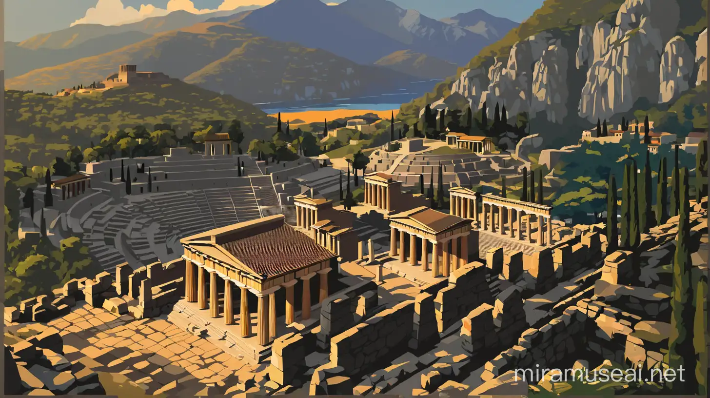 Mixed style of flat vector art and travel poster: ancient city of Delphi reconstruction, vivid colours.