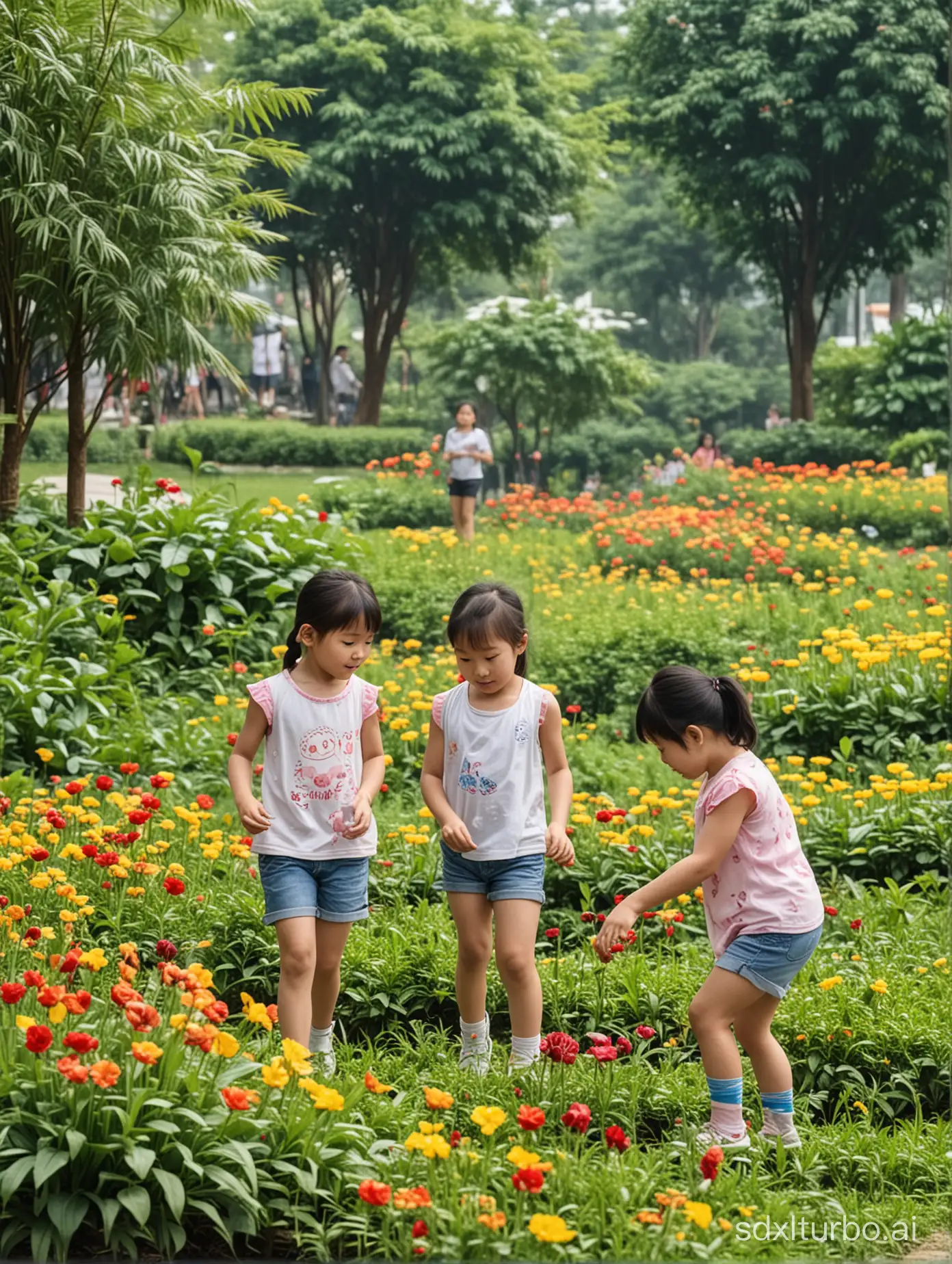 5 children doing activities in the flower park in Nanning City