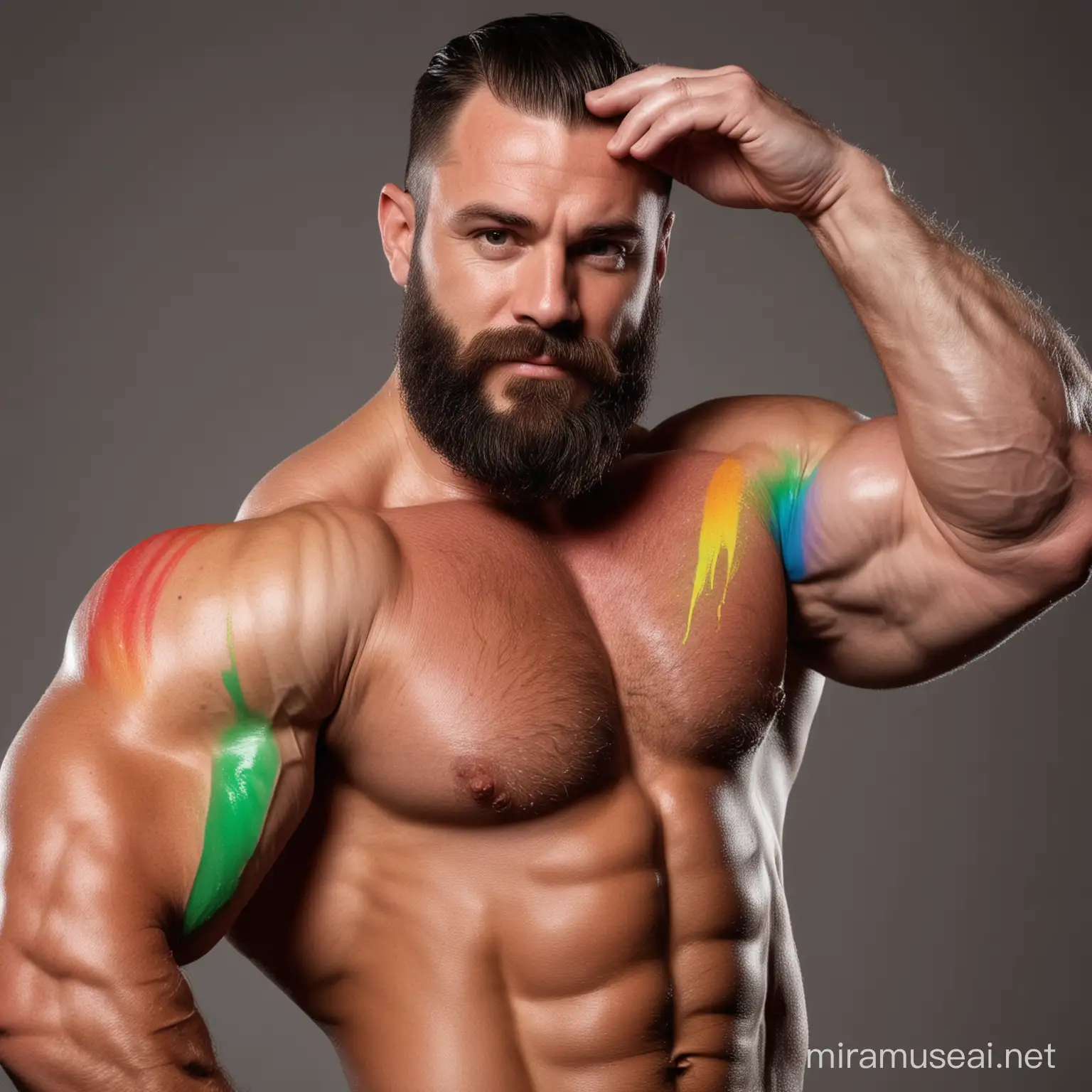 Muscular Bodybuilder Exercising with Rainbow Colored Painted Weights