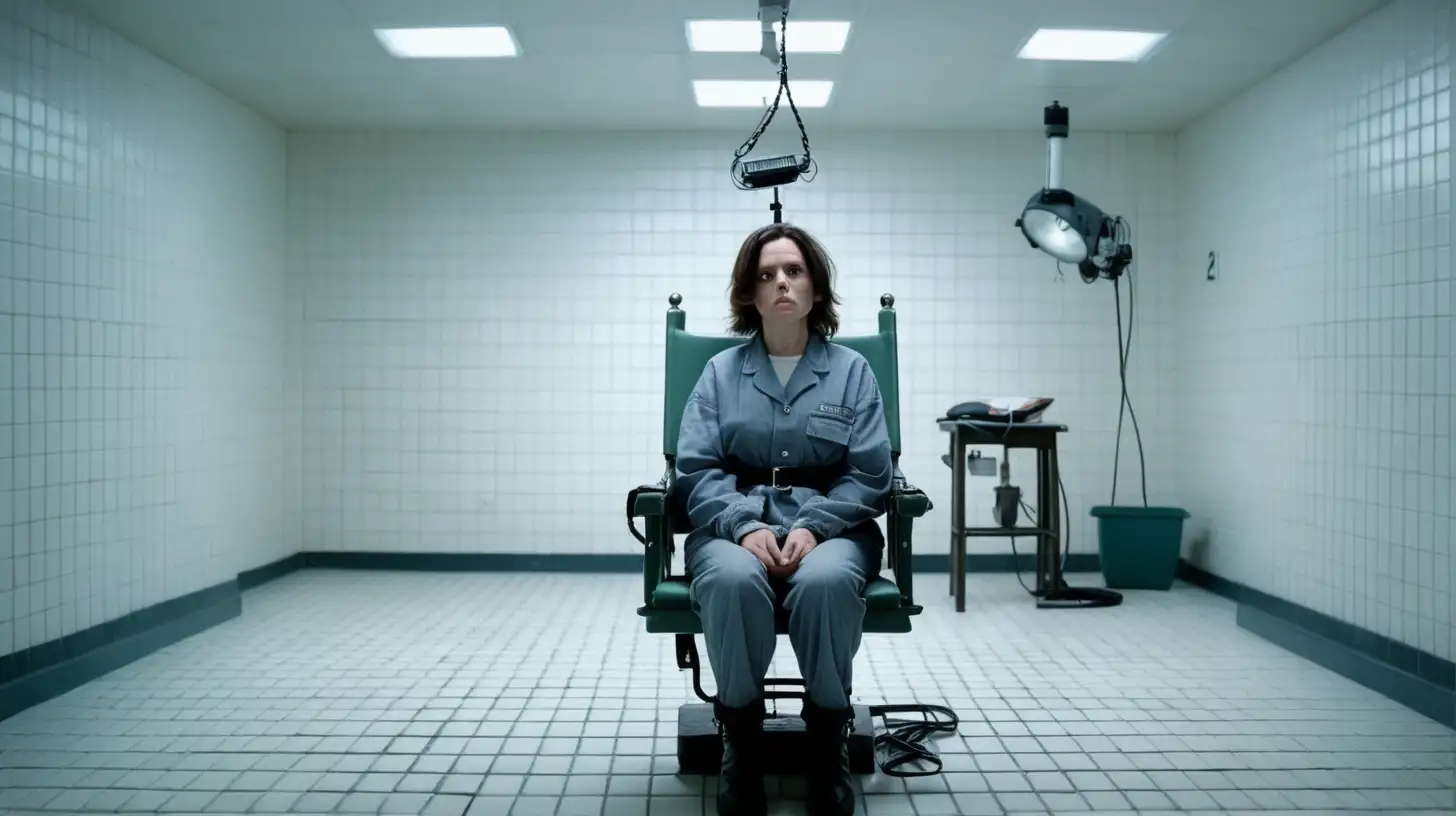 In a prison execution room [white tiles] a woman [40 years old, attractive, anxious, facing camera] sits in an electric chair.