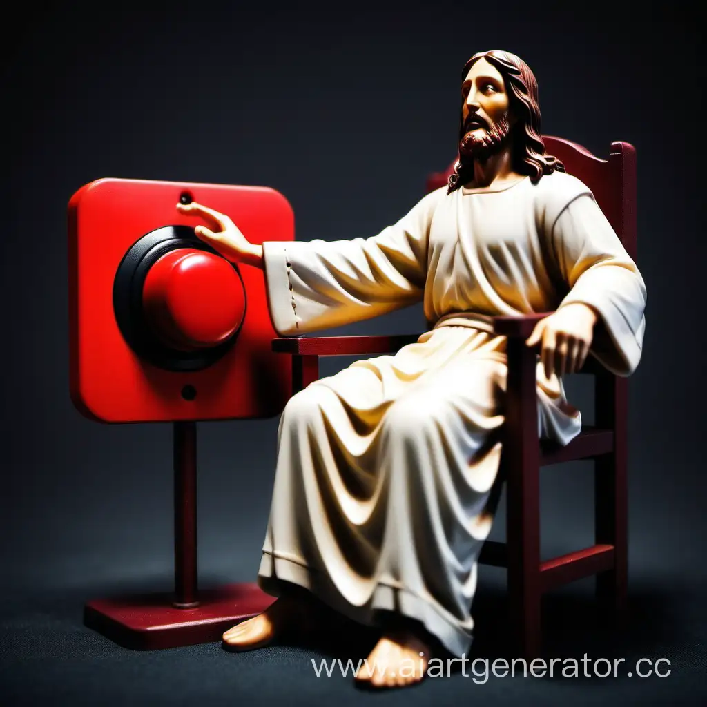 Иисус Христос сидя в кресле нажимает на Красную кнопку