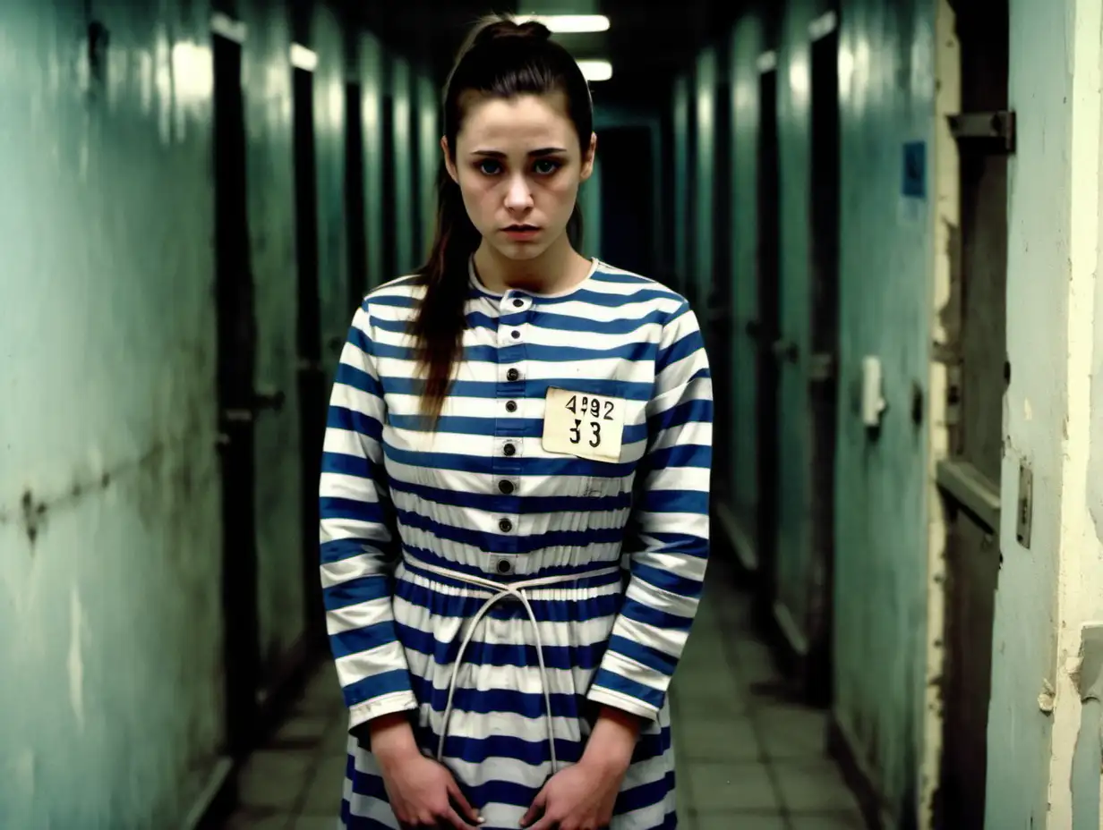 A busty prisoner woman (19 years old, same dress) stand  in a prison corridor in dirty ragged blue-white vertical wide-striped longsleeve midi-length buttoned collarless roundneck gowndress (a "432" number label on chest pocket, brunette low pony hair, sad and ashamed ), look into camera, tied back hands, warm Colors 