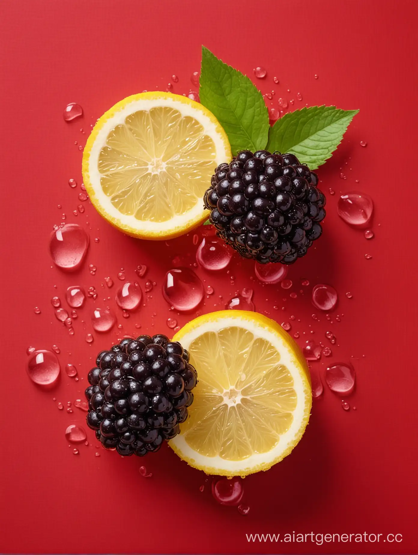 Boysenberry-and-Lemon-Slices-on-Crimson-Background-with-Water-Droplets