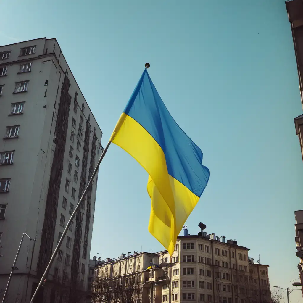 Vibrant Ukrainian Flag Waving Proudly in Urban Setting