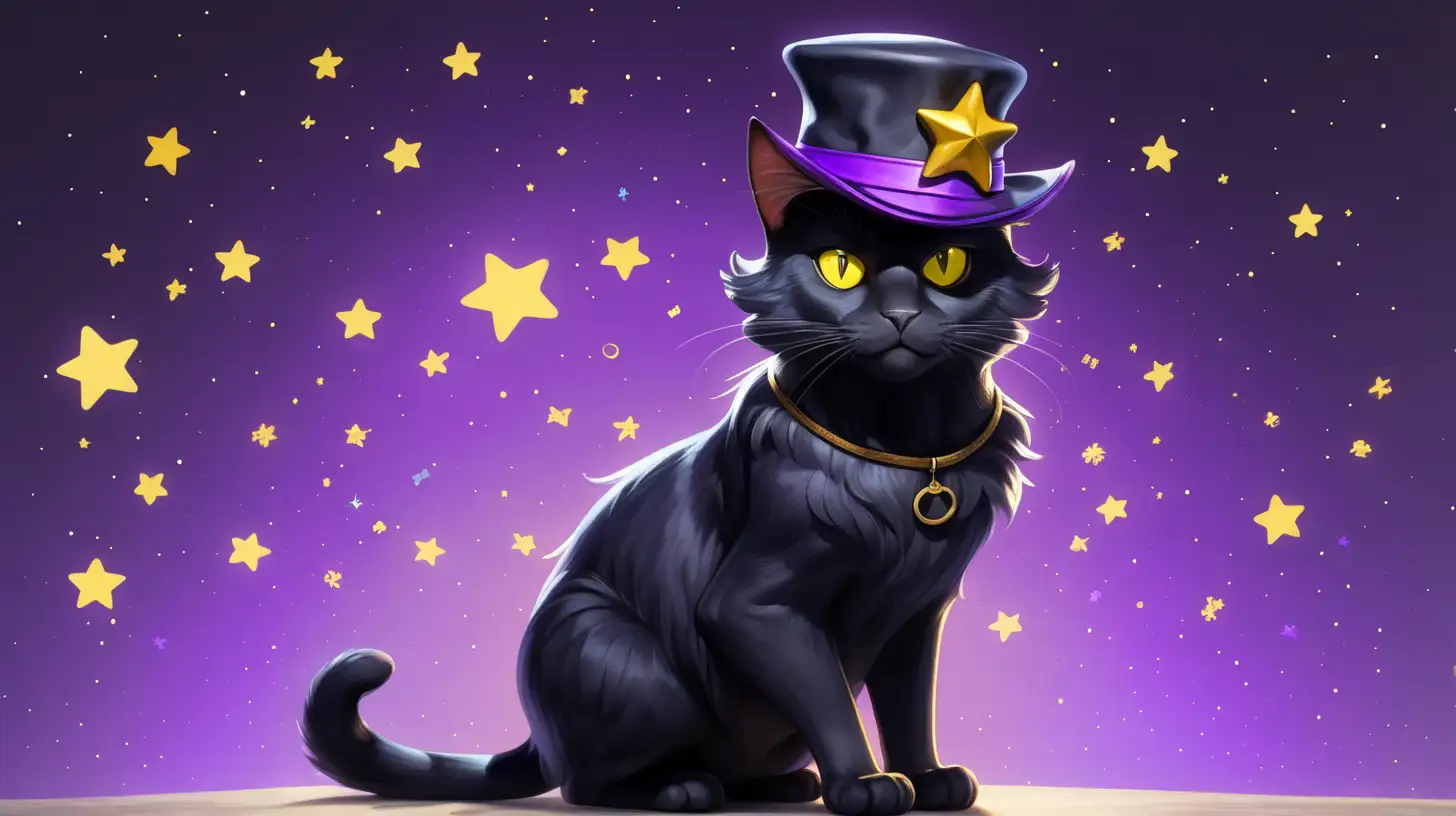 A FULL BODY BLACK CAT WITH YELLOW EYES A PURPLE HAT WITH YELLOW STARS AND A OVERCOAT