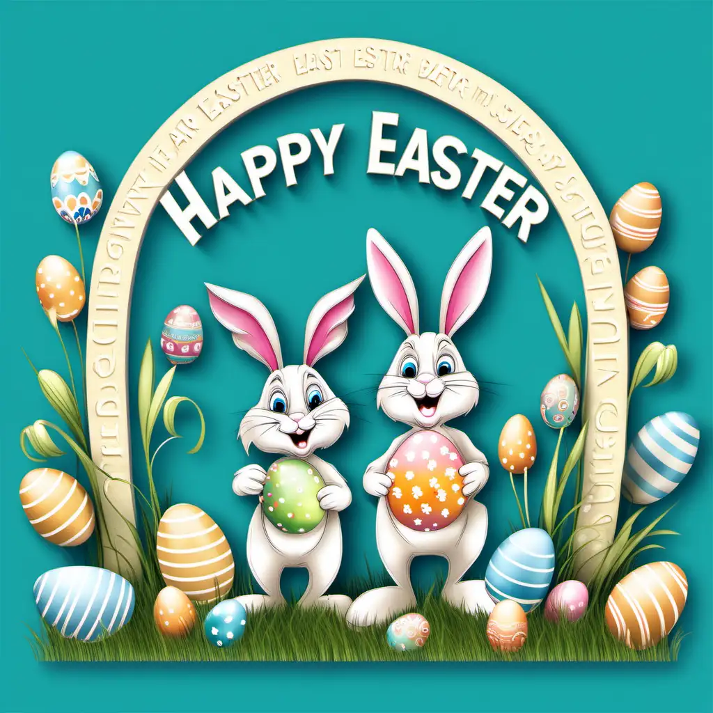 Easter Bunny Celebration with Arched Letters on a Blue Background