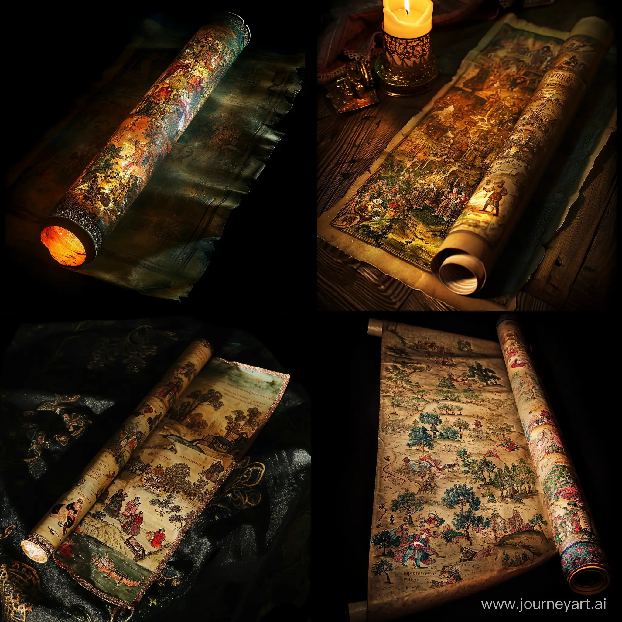 an ancient scroll depicting a fairy tale about "Tales of Tsar Saltan" (HD, dark lighting)