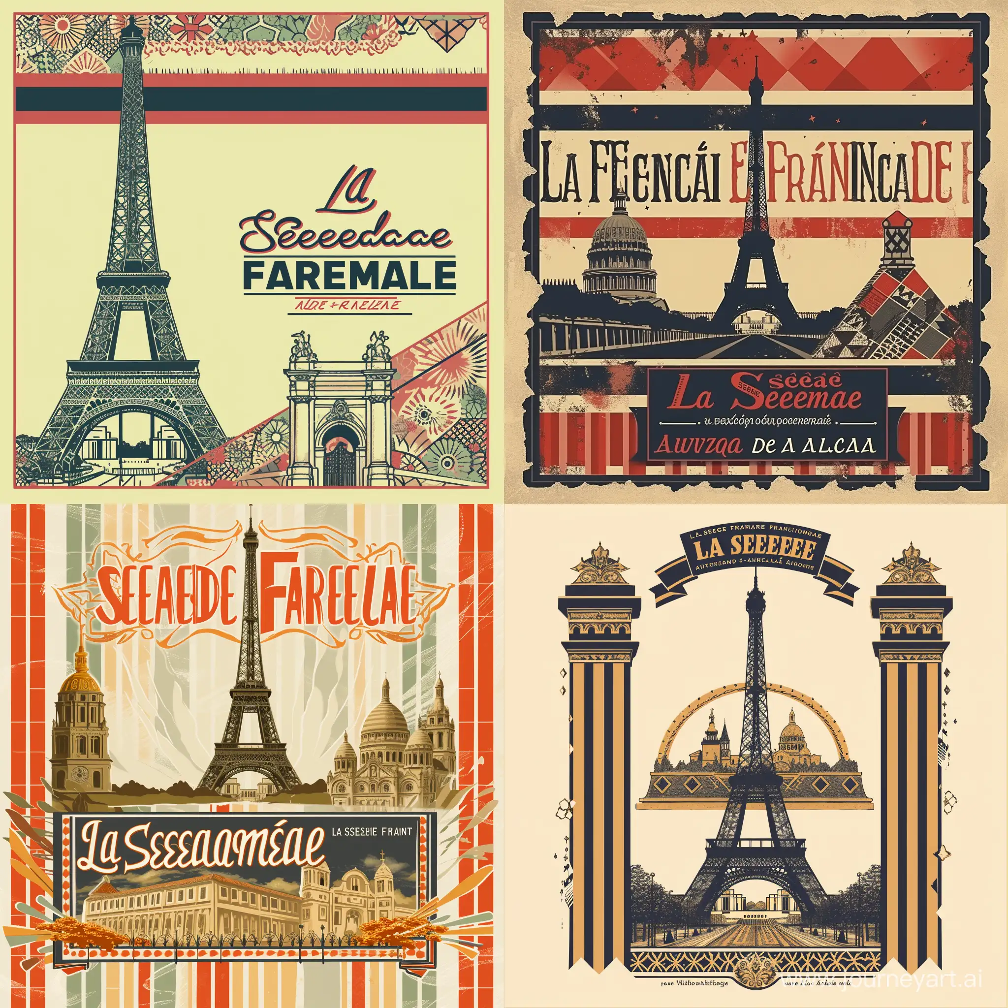 Design an elegant and cohesive logo that symbolizes the Franco-Spanish cultural union for 'La Semaine Française' event. The logo should artfully blend iconic landmarks, the Eiffel Tower and the Puerta de Alcalá, showcasing the harmony between French and Spanish cultures. Incorporate classic typography with a modern twist to reflect the French art de vivre. Additionally, create background elements inspired by the French marinière stripes and Spanish mosaic patterns. These should be subtle, serving as a refined backdrop for communication materials, adding depth and a cultural narrative to the design. Aim for a balance between elegance and modernity, ensuring the logo and graphic elements are versatile for various media formats.